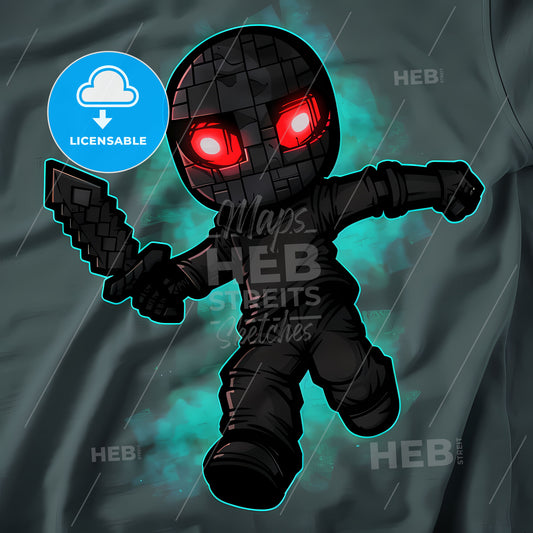 Block to school ozs hombre tshirt logo, minecraft tshirt, in the style of the new york school, gadgetpunk, future tech, chromatic, animated gifs, creepypasta, text-based, green background - a cartoon character with red eyes and a sword