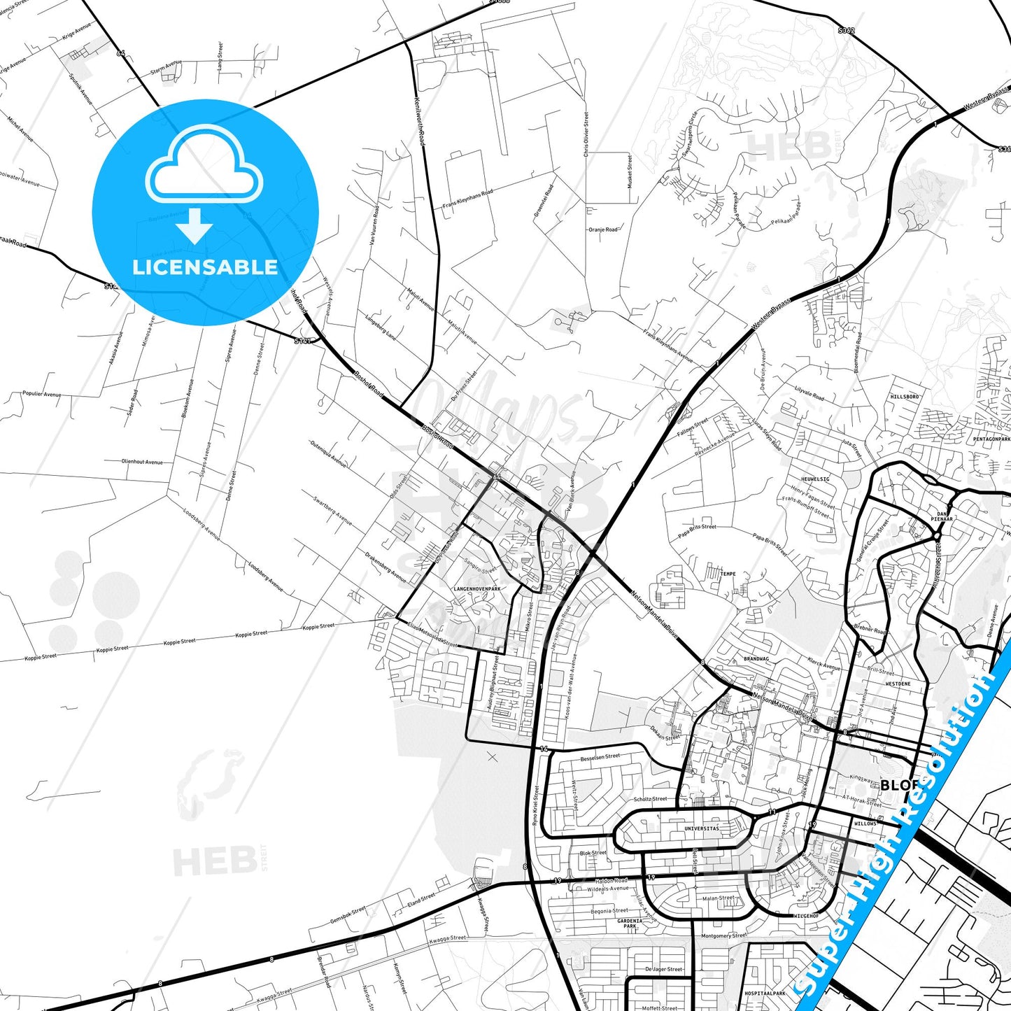 Bloemfontein, South Africa Light Map with Street Names, City Names, and Districts