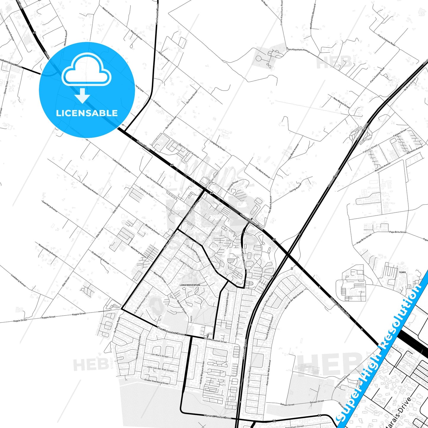 Bloemfontein, South Africa Light Map with Street Names, City Names, and Districts