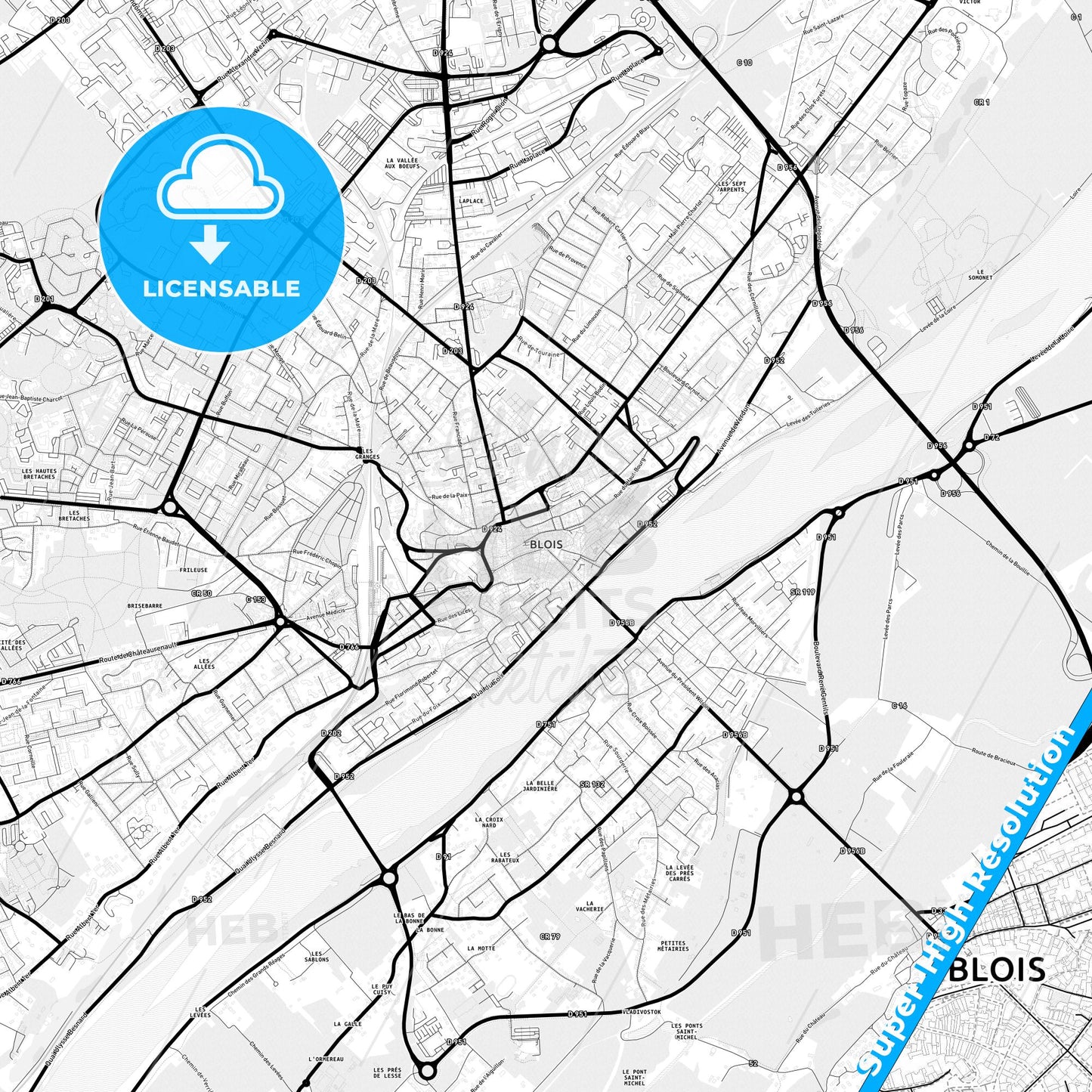 Blois, France Light Map with Street Names, City Names, and Districts