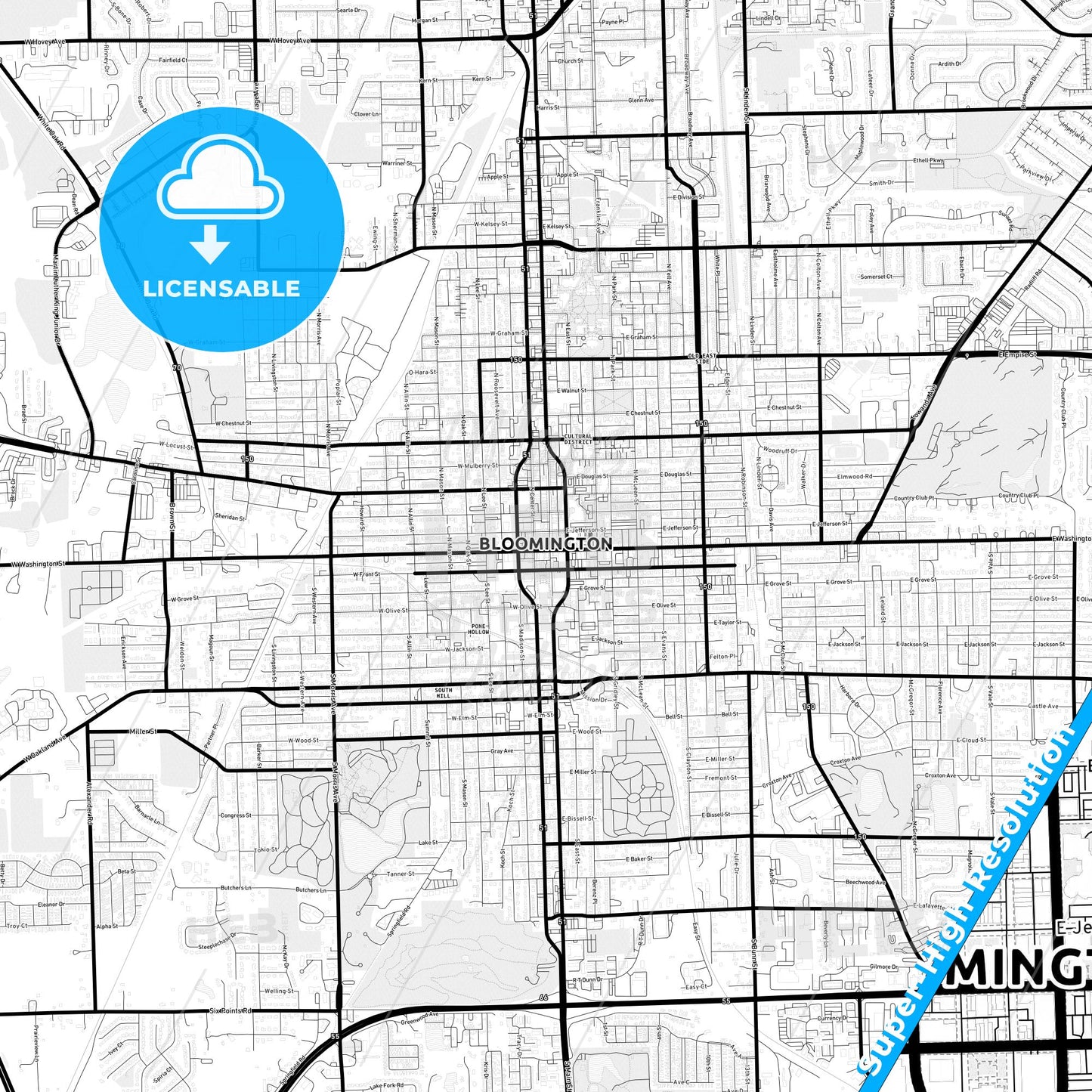 Bloomington, Illinois Light Map with Street Names, City Names, and Districts