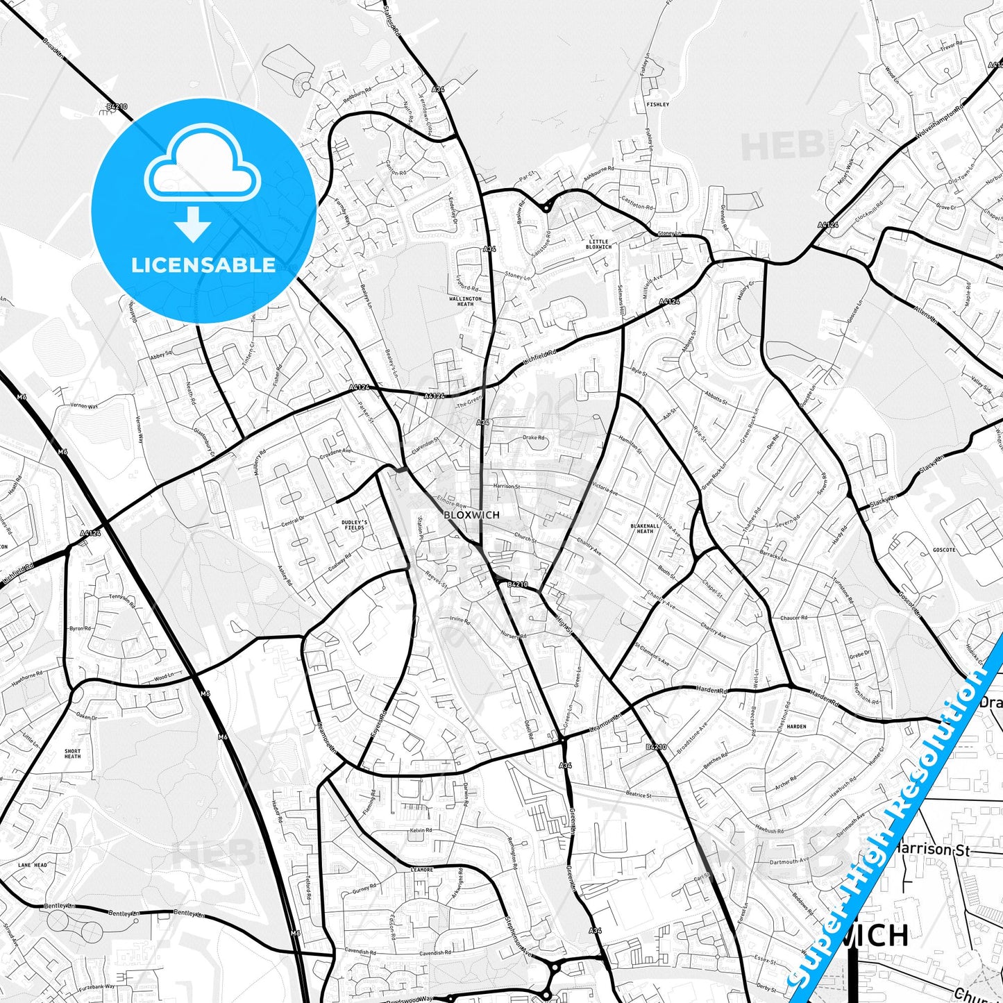 Bloxwich, England Light Map with Street Names, City Names, and Districts