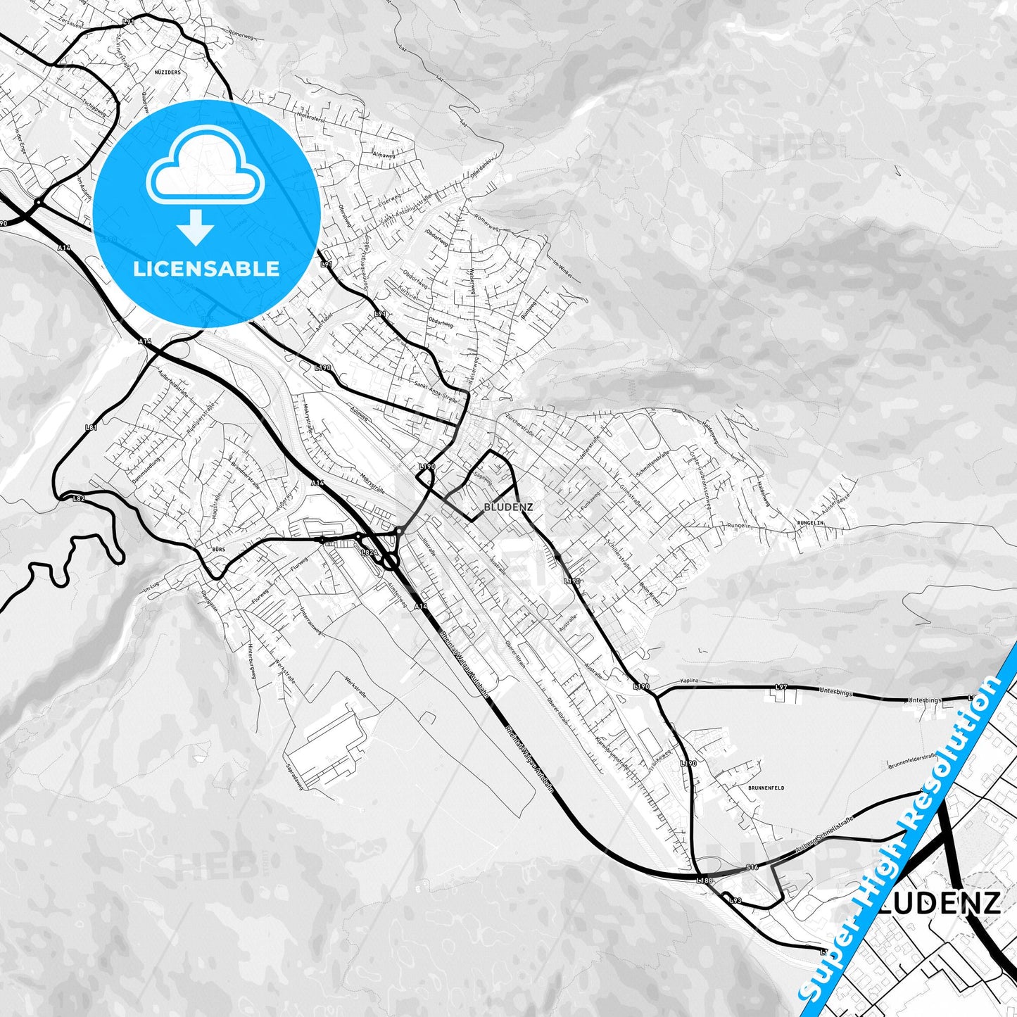 Bludenz, Austria Light Map with Street Names, City Names, and Districts
