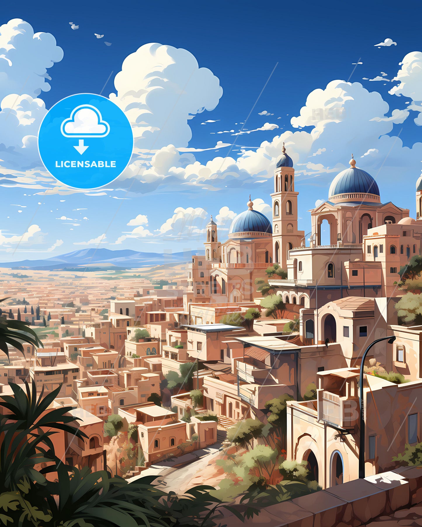 Vibrant Painting of Bnei Brak Skyline with Buildings, Palm Trees and Mediterranean Art Motif