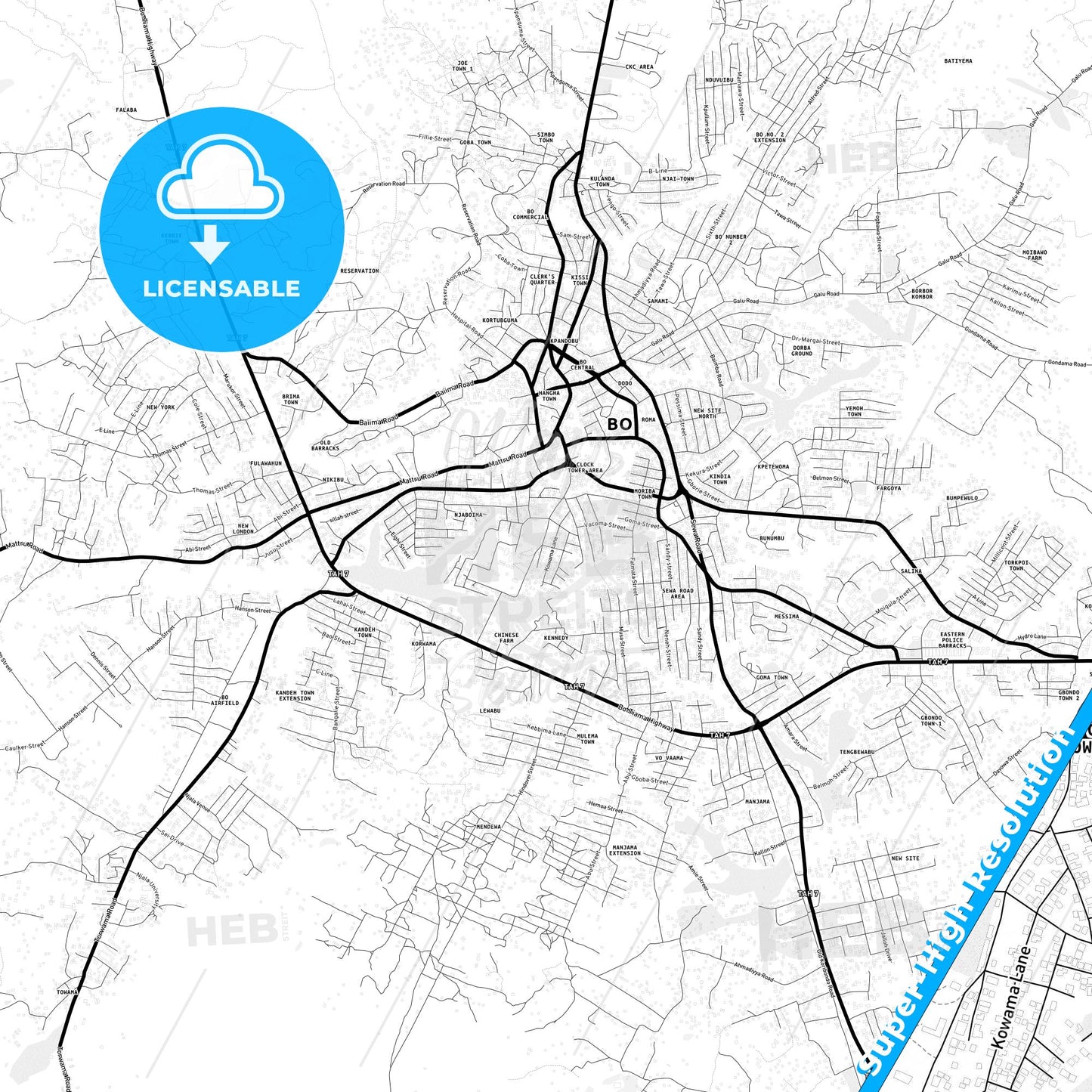 Bo, Sierra Leone Light Map with Street Names, City Names, and Districts