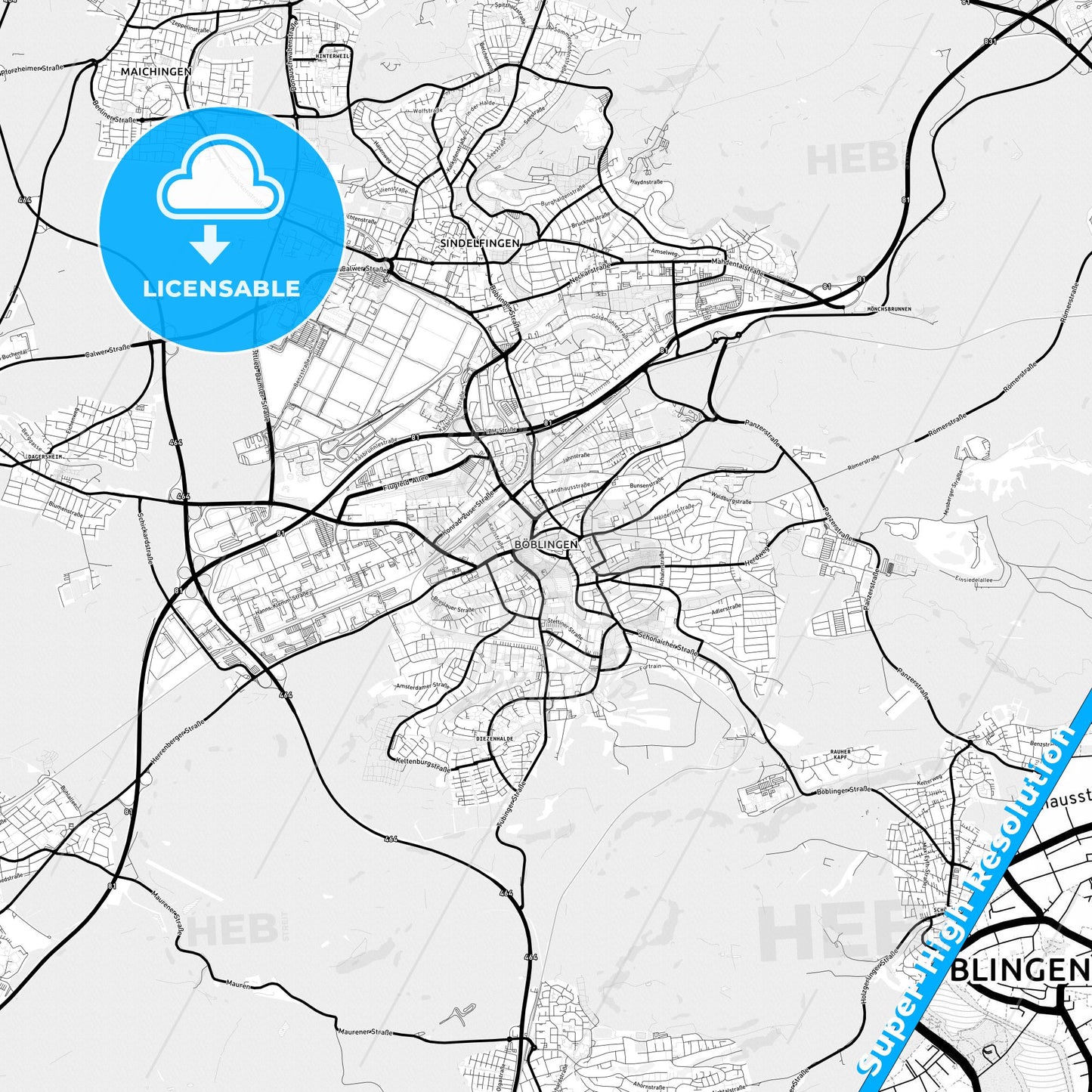 Boblingen, Germany Light Map with Street Names, City Names, and Districts