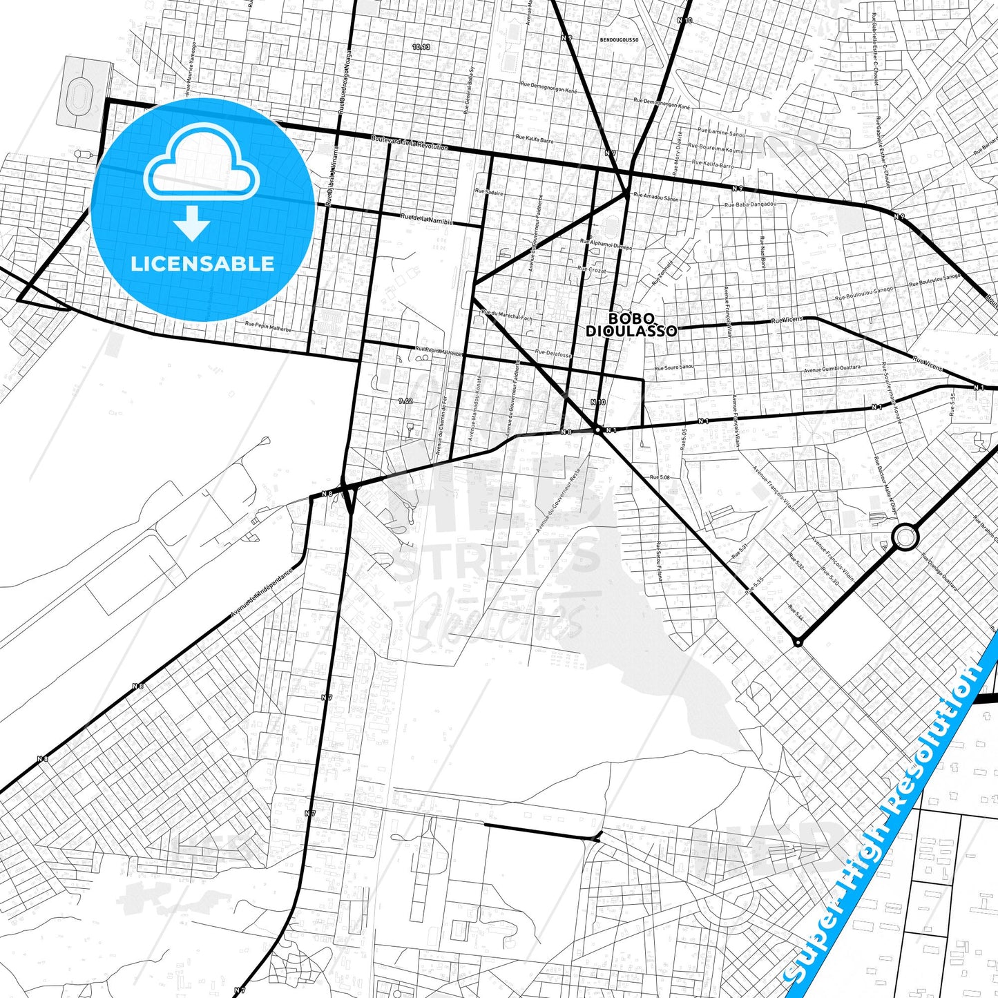 Bobo-Dioulasso, Burkina Faso Light Map with Street Names, City Names, and Districts