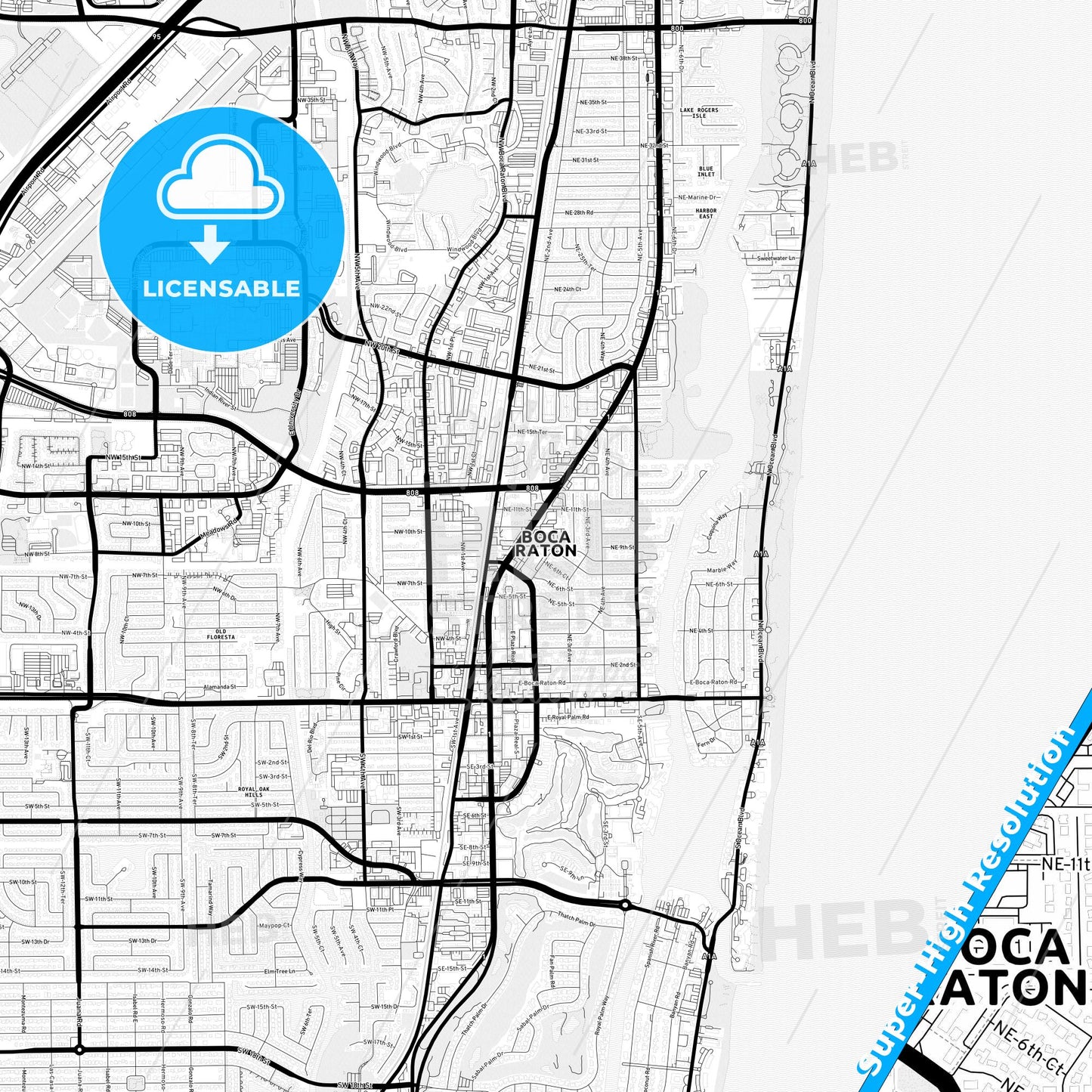 Boca Raton, Florida Light Map with Street Names, City Names, and Districts