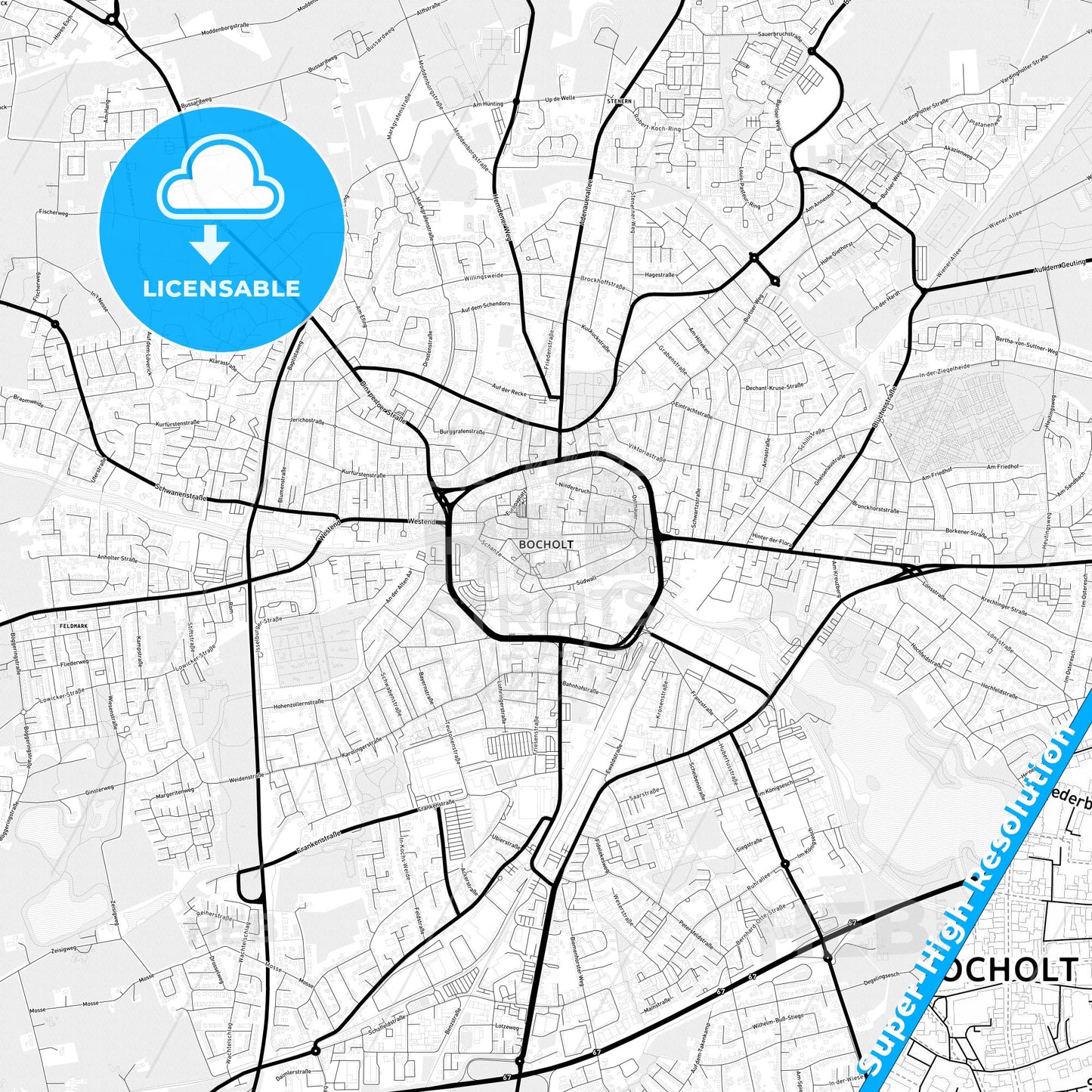 Bocholt, Germany Light Map with Street Names, City Names, and Districts