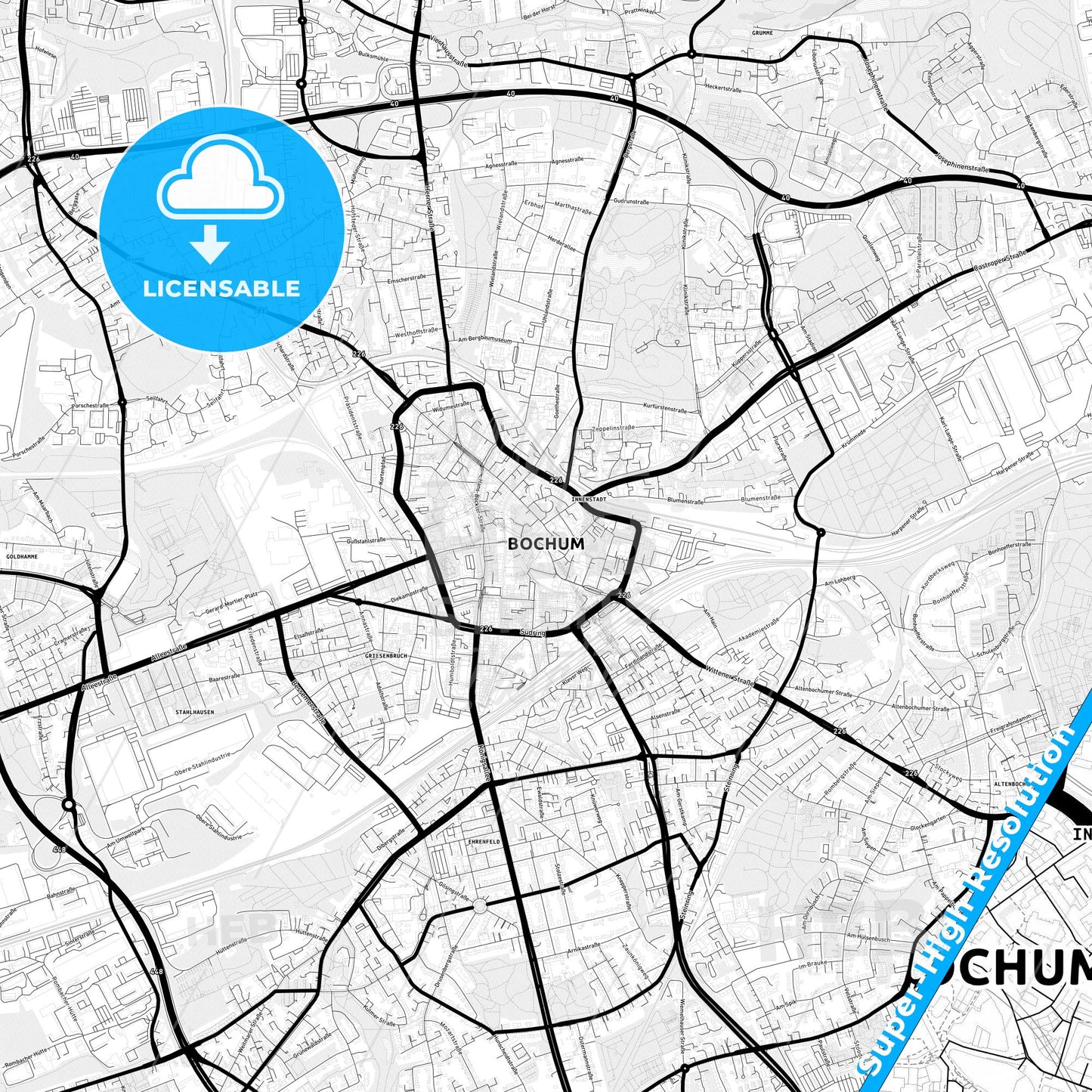 Bochum, Germany Light Map with Street Names, City Names, and Districts