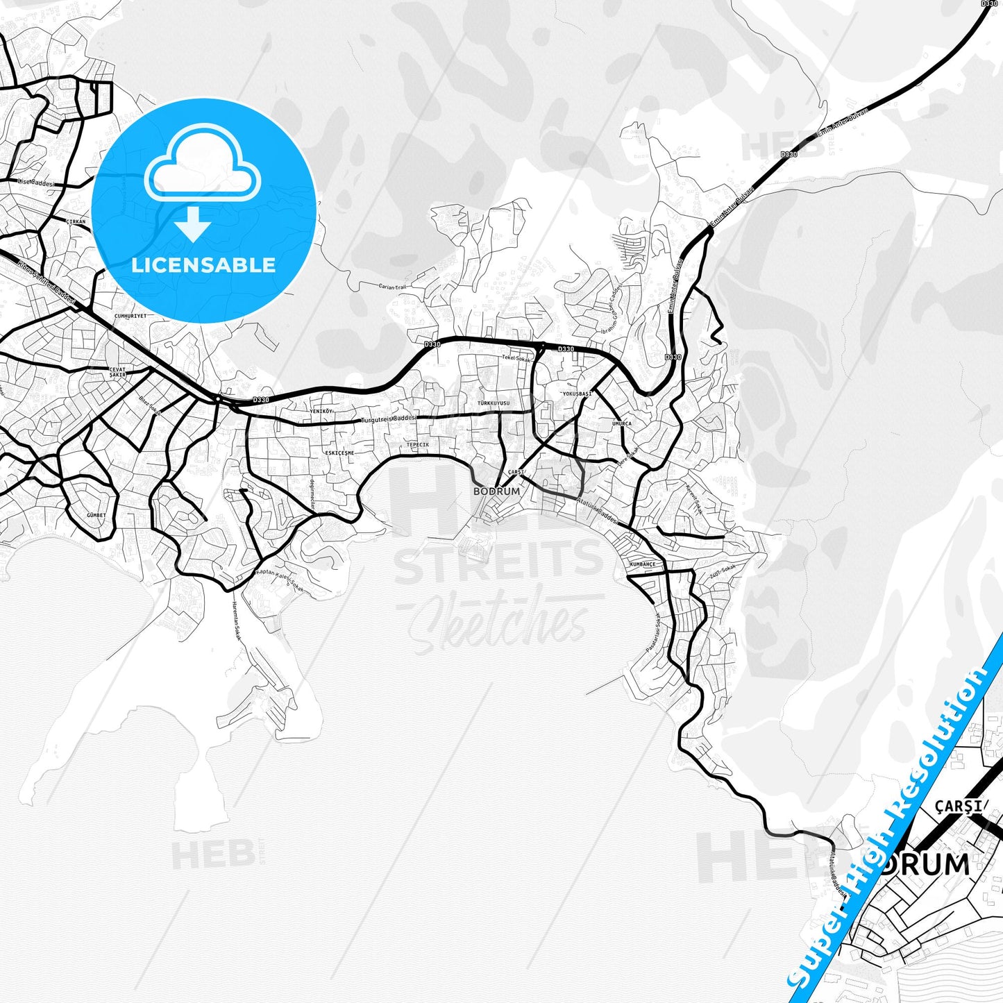 Bodrum, Turkey Light Map with Street Names, City Names, and Districts