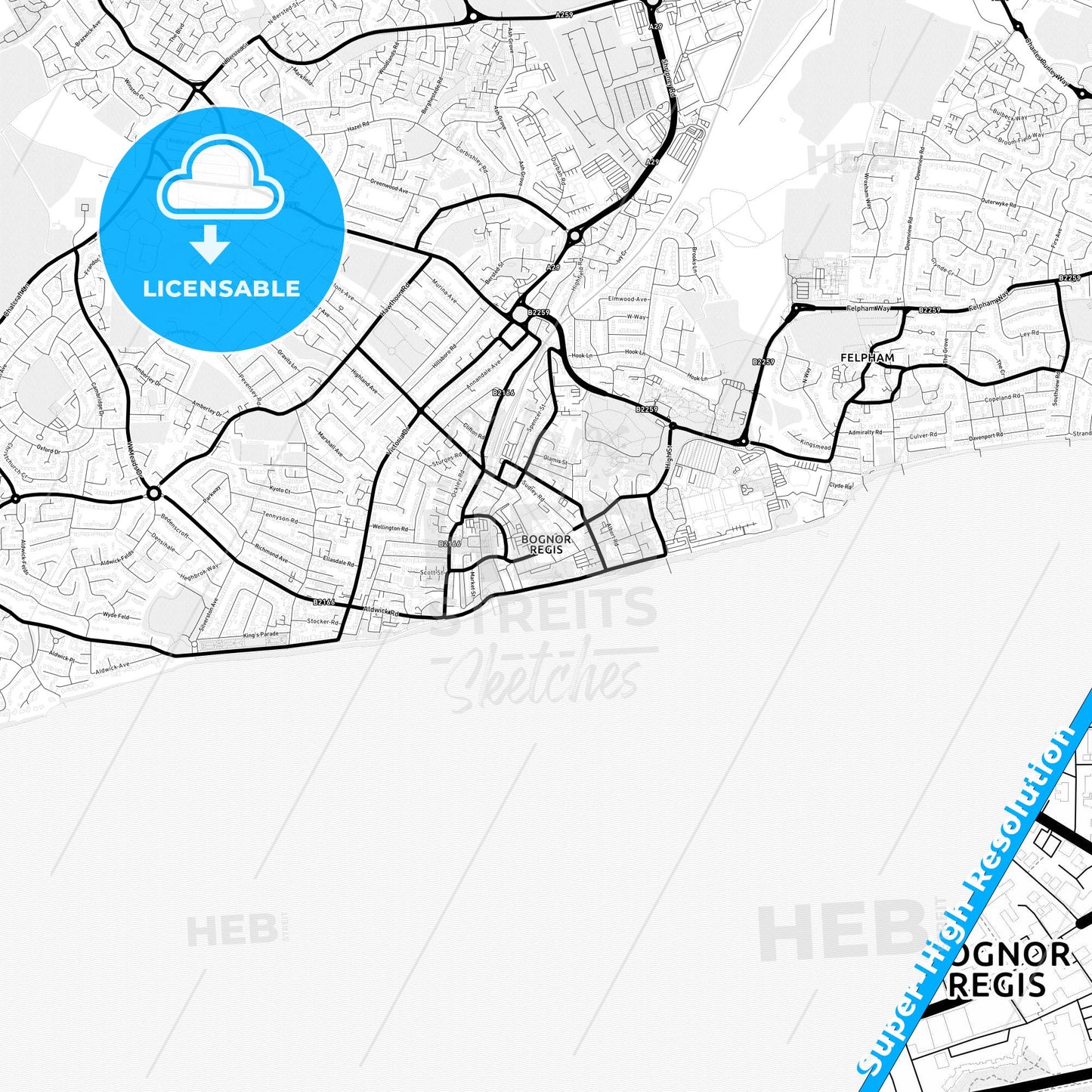 Bognor Regis, England Light Map with Street Names, City Names, and Districts