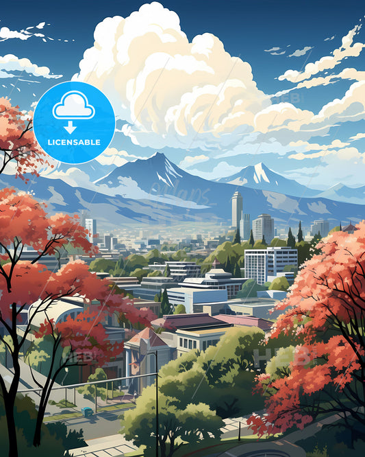 Vibrant Cityscape Artwork Depicting Bogor Skyline, Indonesia with Mountains and Trees