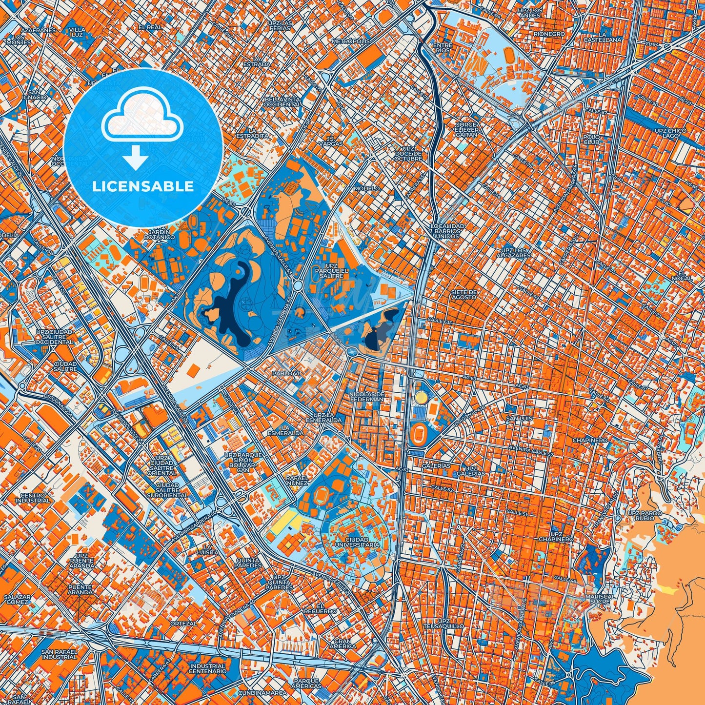 Colorful Bogota Street Map with Labels and Buildings