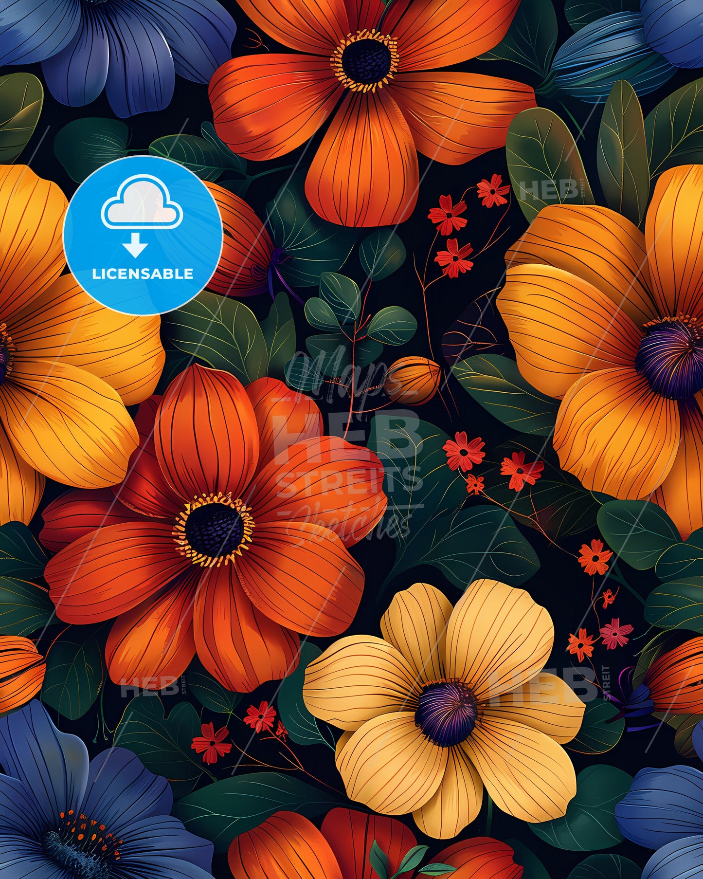 Bohemian Seamless Pattern Digital Paper Design with Intricate Signs, Vibrant Flowers, and Colorful Leaves