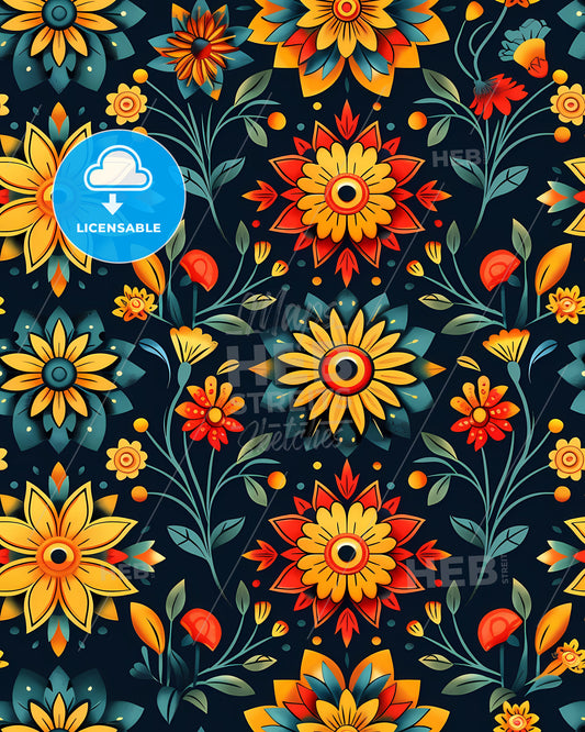 Boho Seamless Pattern: Vibrant Floral Painting with Dark Background, Artistic, Wall Art, Home Decor, Textile, Fabric Design