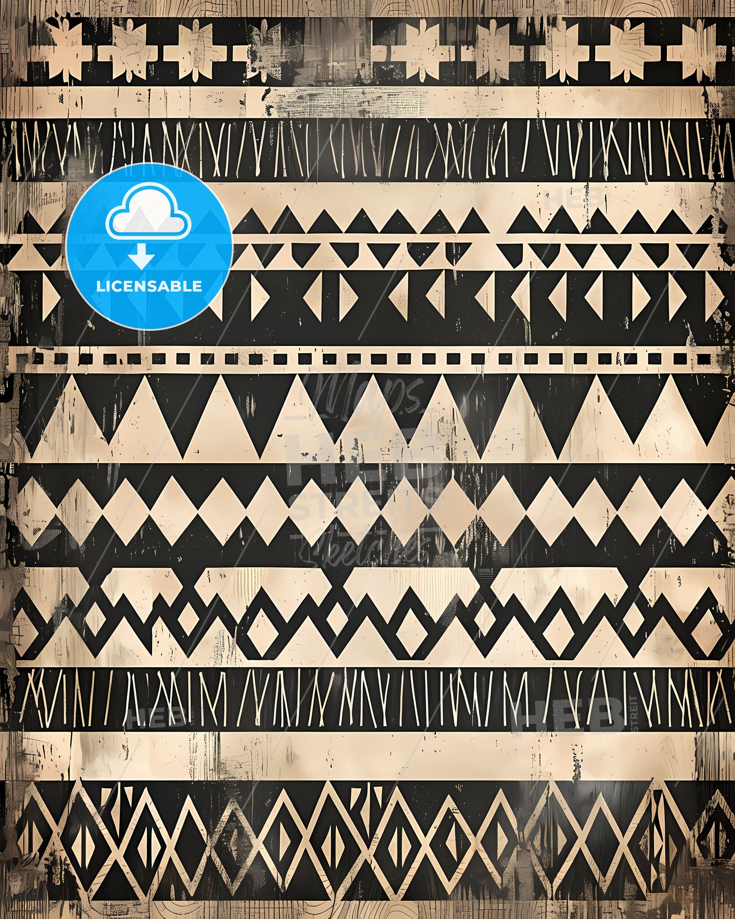Abstract black and white boho style minimalist pattern on a tan surface with a focus on the art aspect