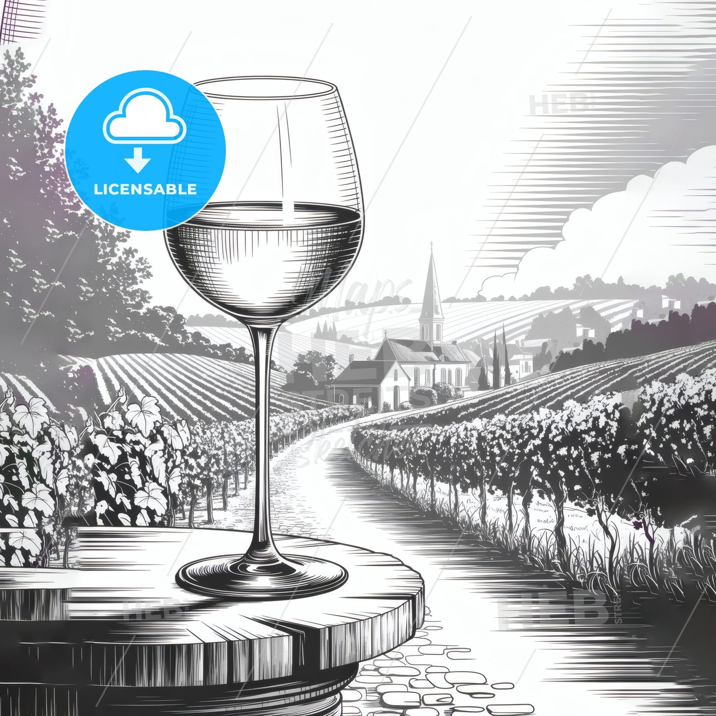 Elegant Wine Glass Overlooking Scenic Vineyard Landscape in Artistic Black and White Illustration.