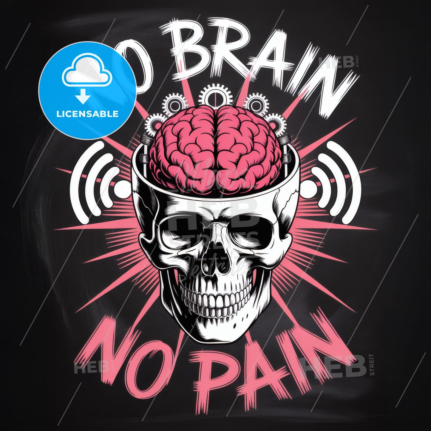 Bold Artistic Illustration Featuring Skull and Brain with Motivational Quote: ‘No Brain, No Pain’ Design.