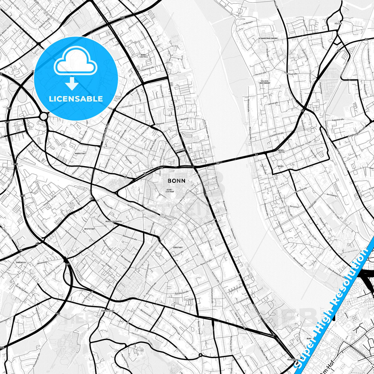 Bonn, Germany Light Map with Street Names, City Names, and Districts