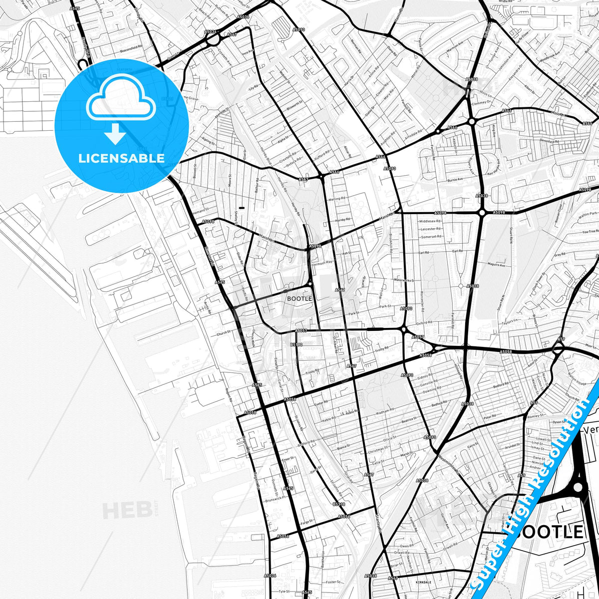 Bootle, England Light Map with Street Names, City Names, and Districts