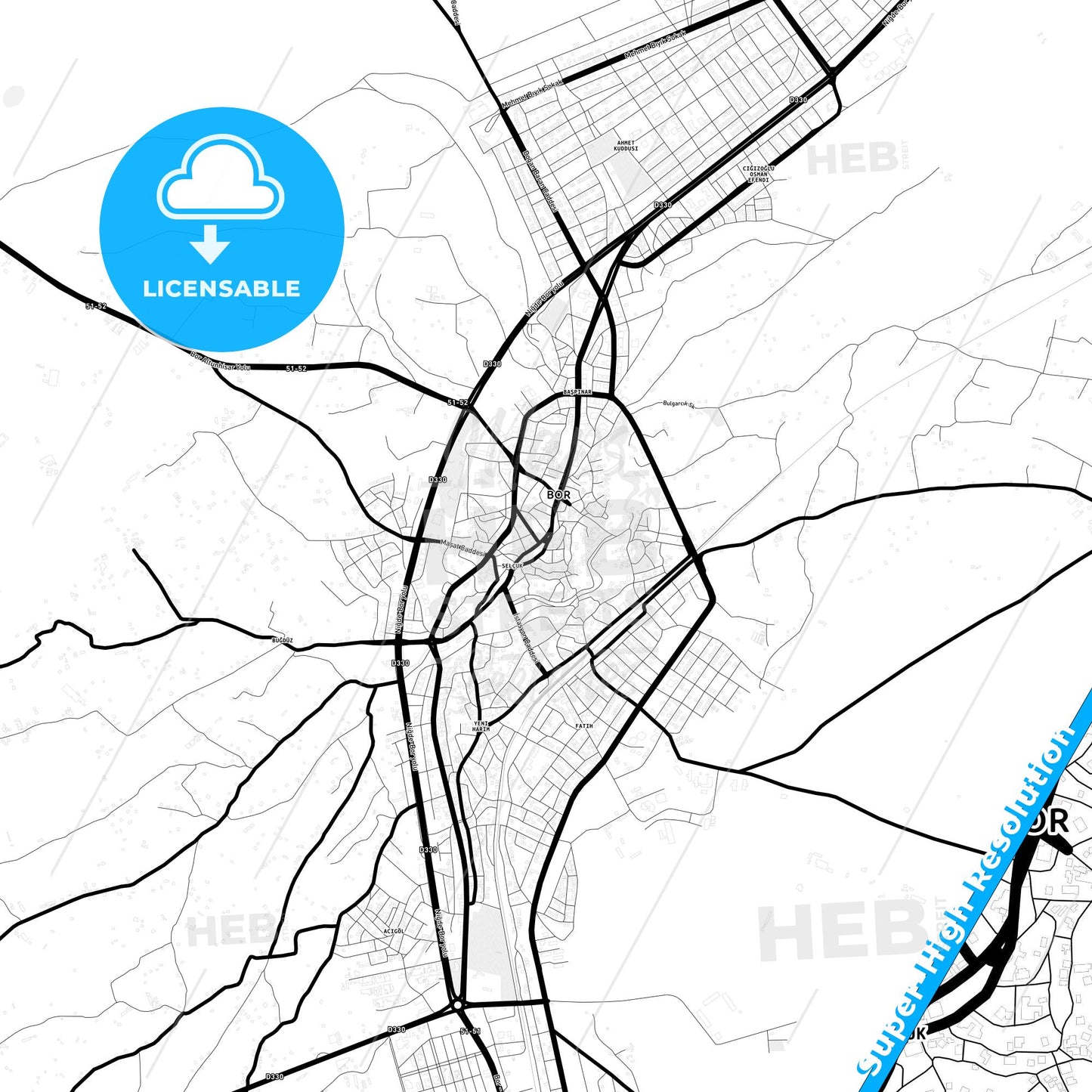Bor, Turkey Light Map with Street Names, City Names, and Districts