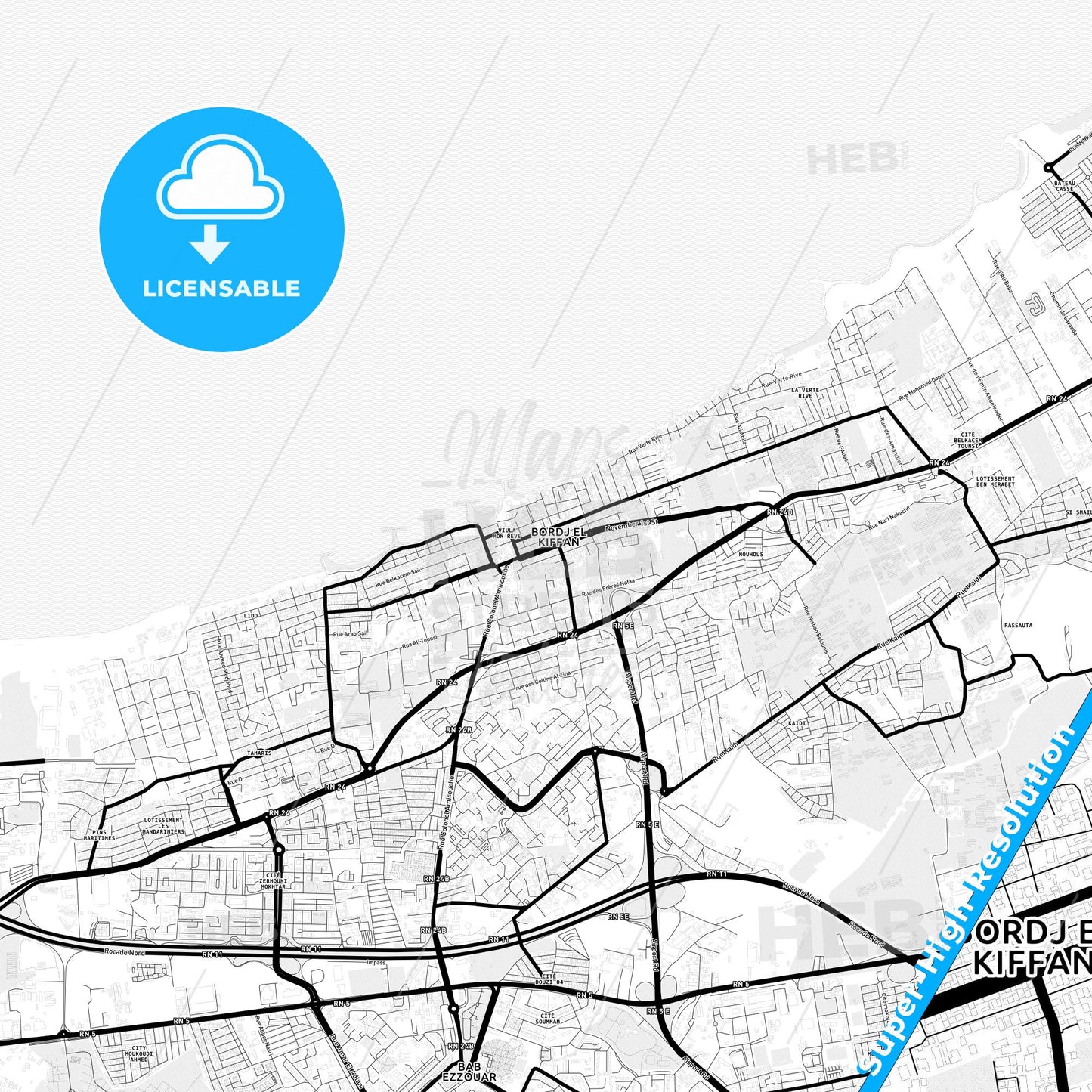 Bordj el Kiffan, Algeria Light Map with Street Names, City Names, and Districts