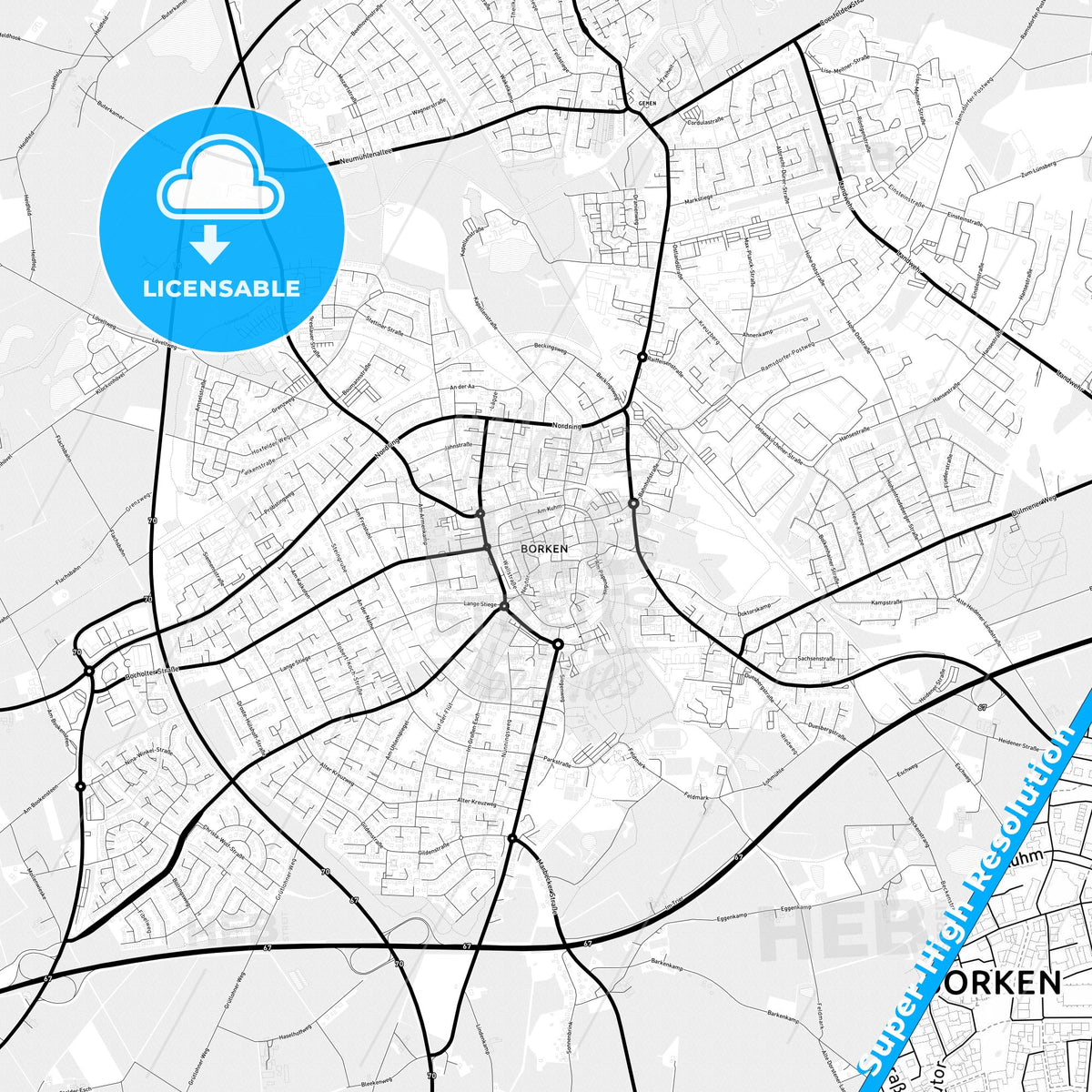 Borken, Germany Light Map with Street Names, City Names, and Districts