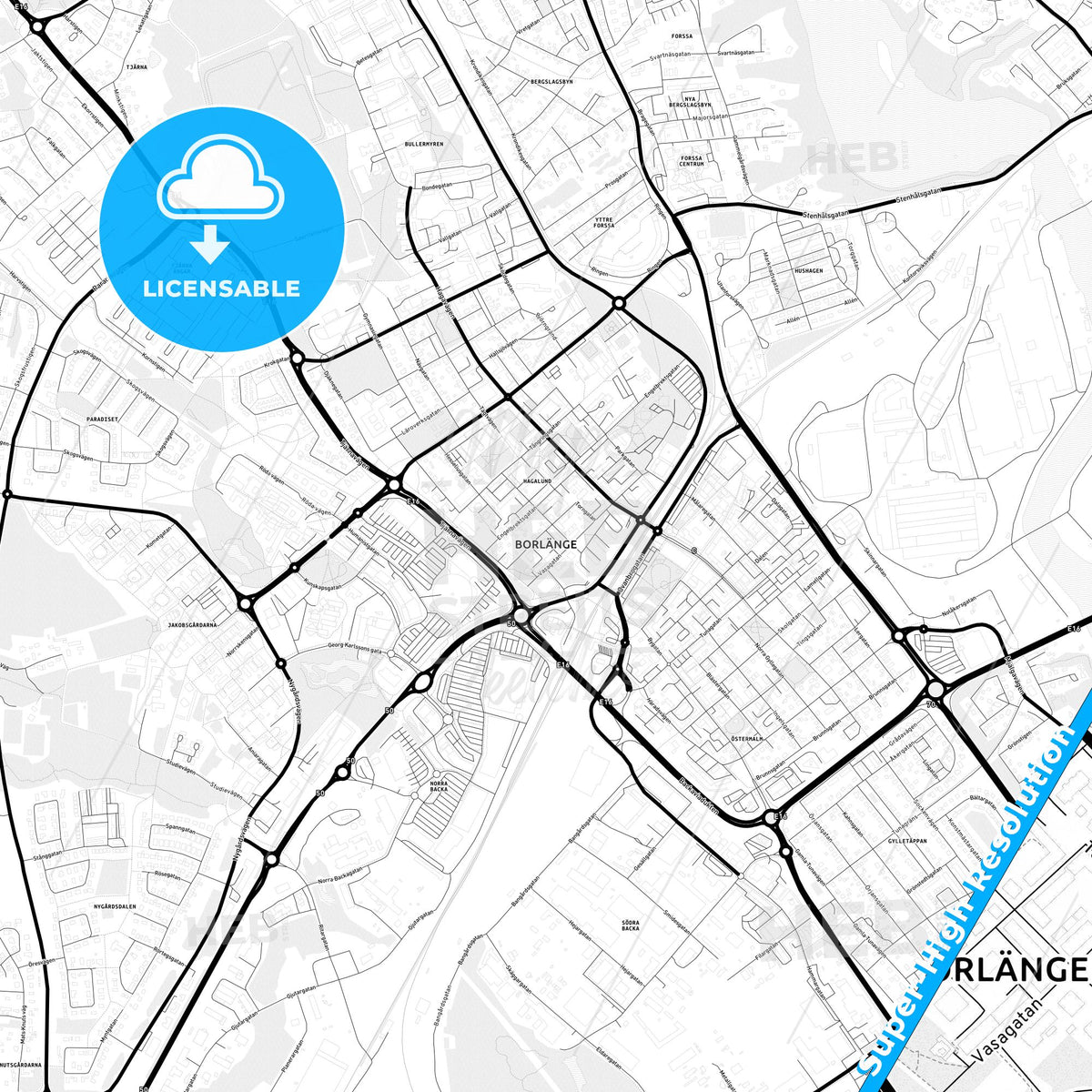 Borlänge, Sweden Light Map with Street Names, City Names, and Districts
