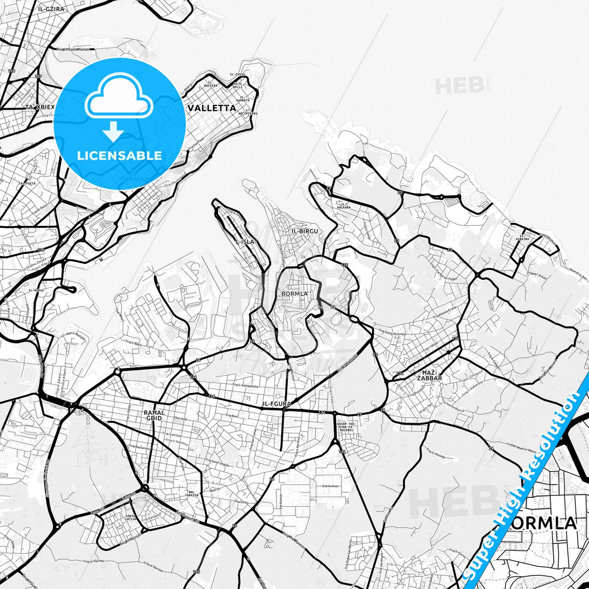 Bormla, Malta Light Map with Street Names, City Names, and Districts