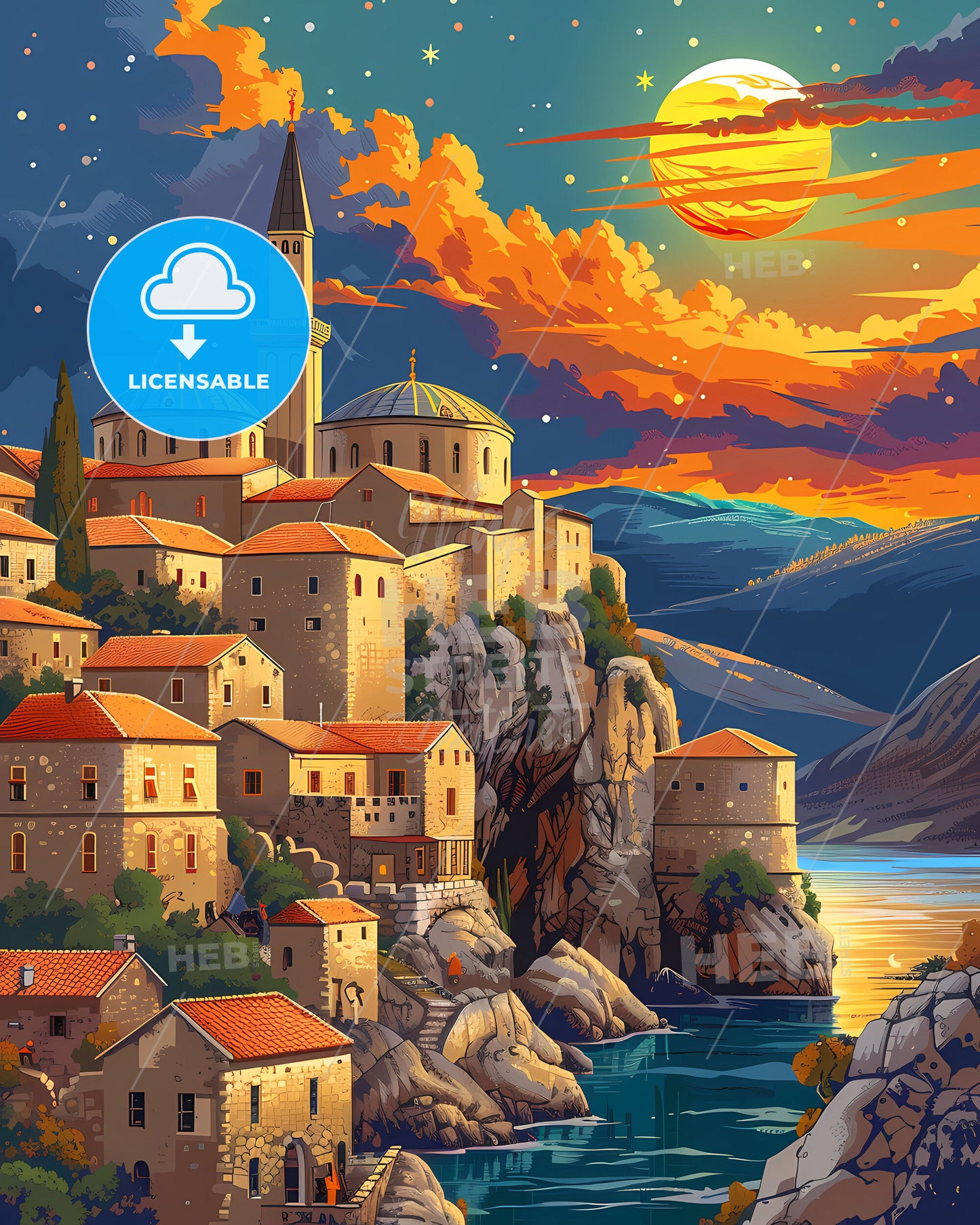 Vibrant Painting of a Bosnian Town Perched on a Cliff, Bosnia and Herzegovina