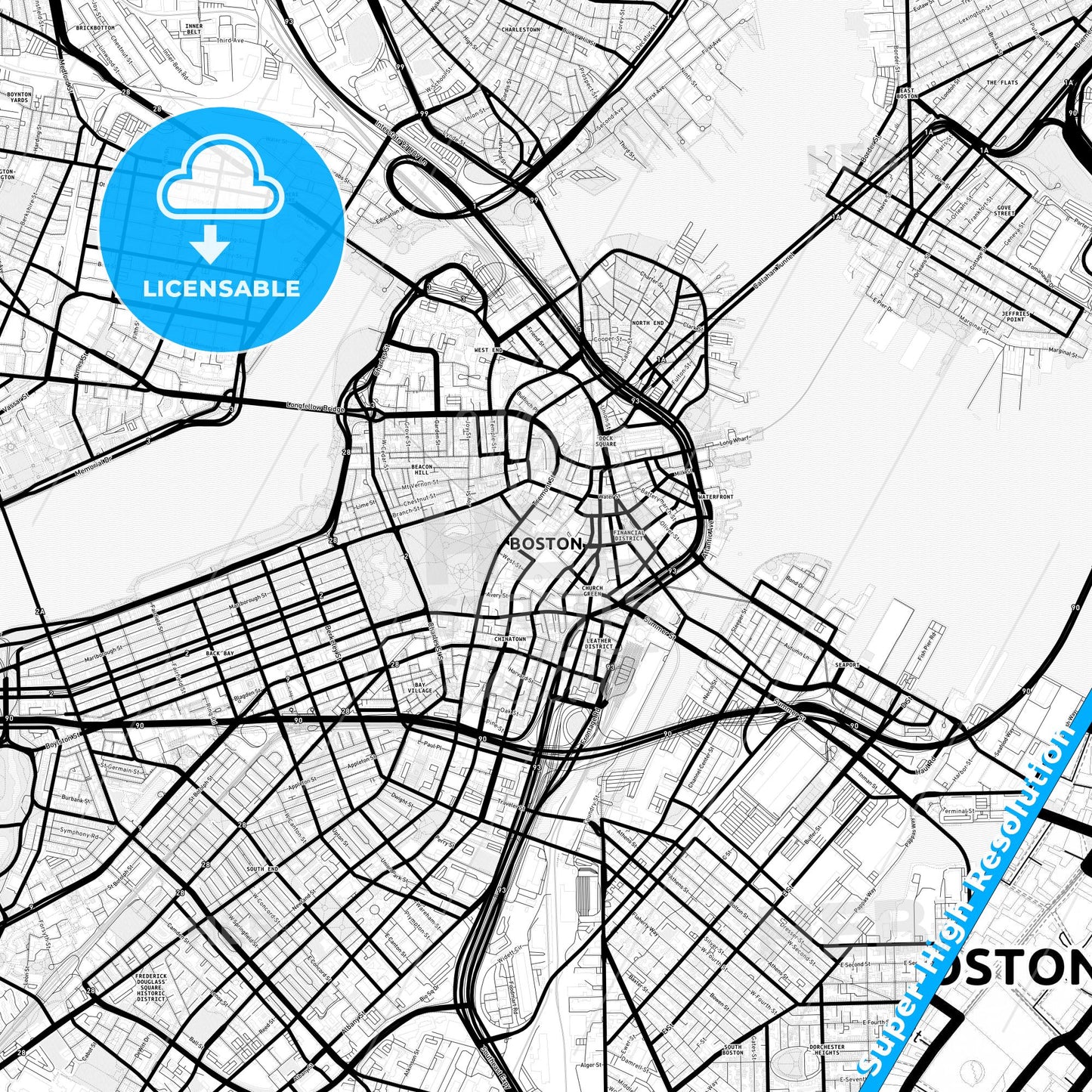 Boston, Massachusetts Light Map with Street Names, City Names, and Districts