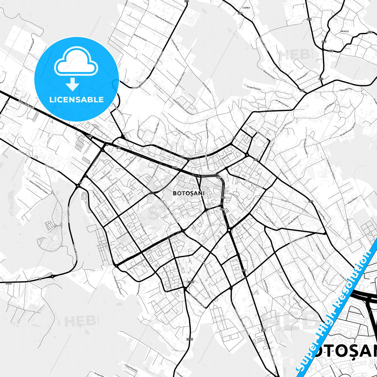 Botoșani, Romania Light Map with Street Names, City Names, and Districts