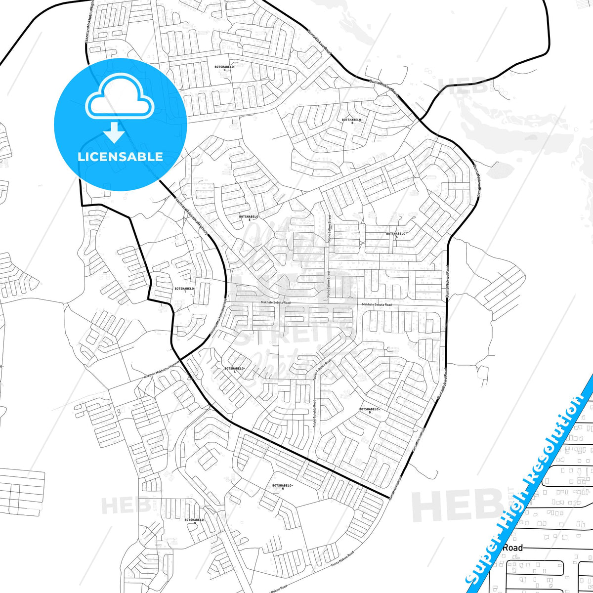 Botshabelo, South Africa Light Map with Street Names, City Names, and Districts