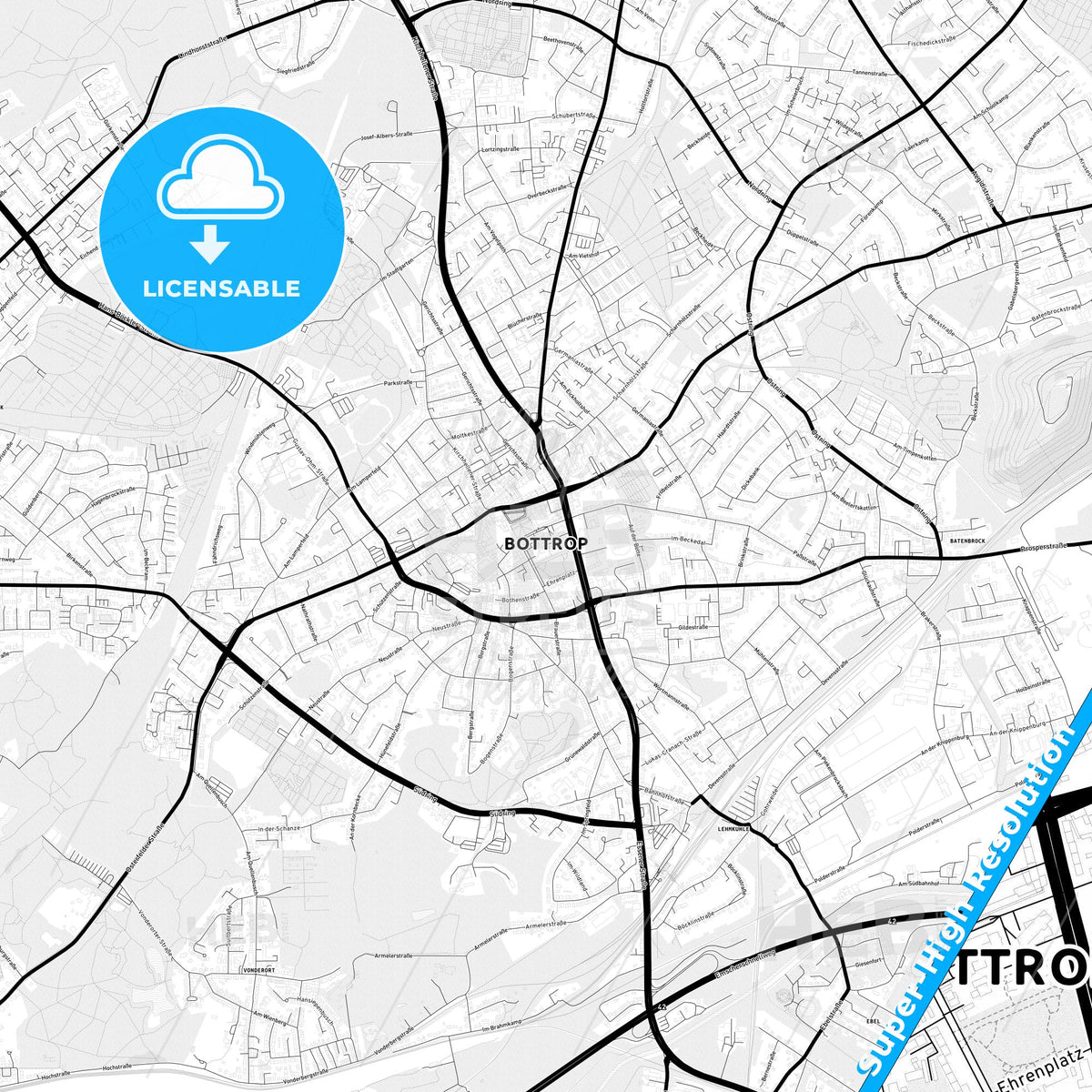 Bottrop, Germany Light Map with Street Names, City Names, and Districts