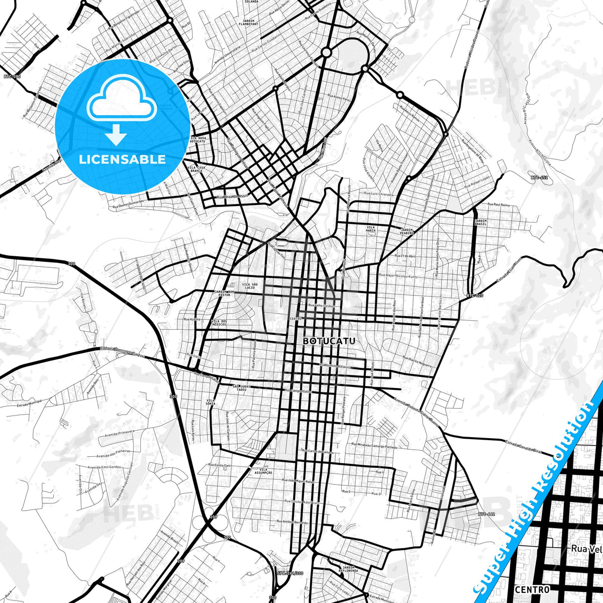 Botucatu, Brazil Light Map with Street Names, City Names, and Districts