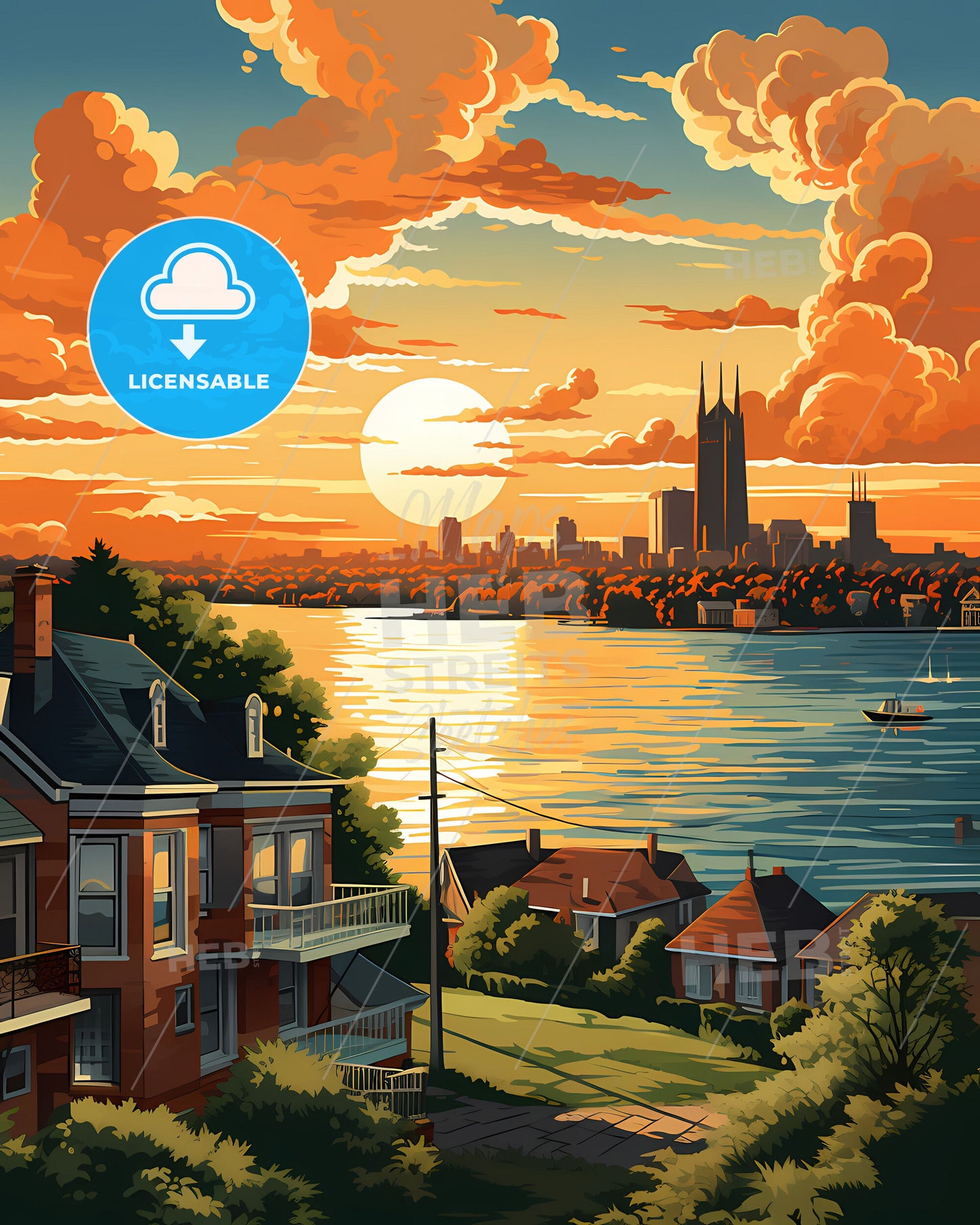 Vibrant African Skyline at Sunset Depicting Houses and Trees in Bouake, Ivory Coast