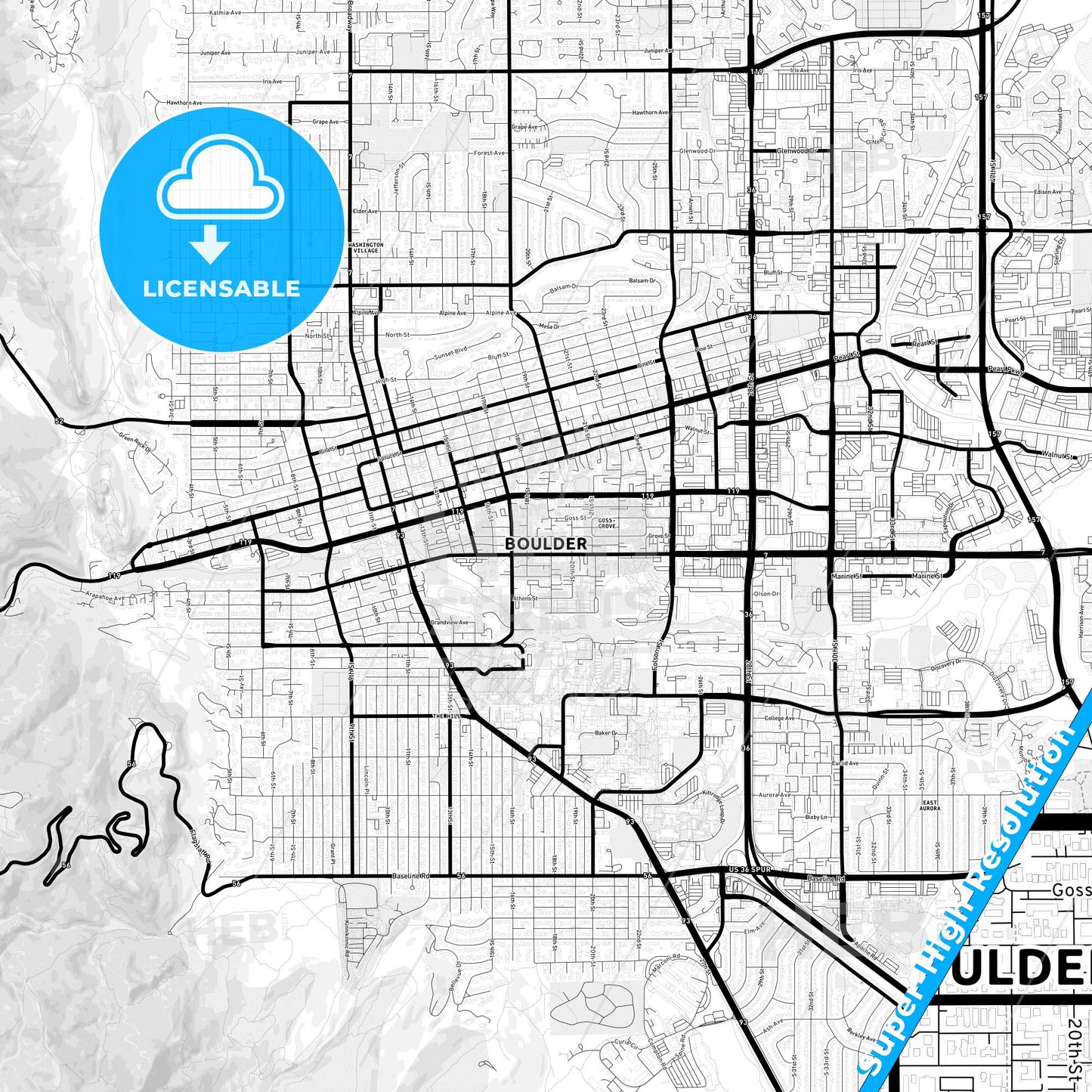 Boulder, Colorado Light Map with Street Names, City Names, and Districts
