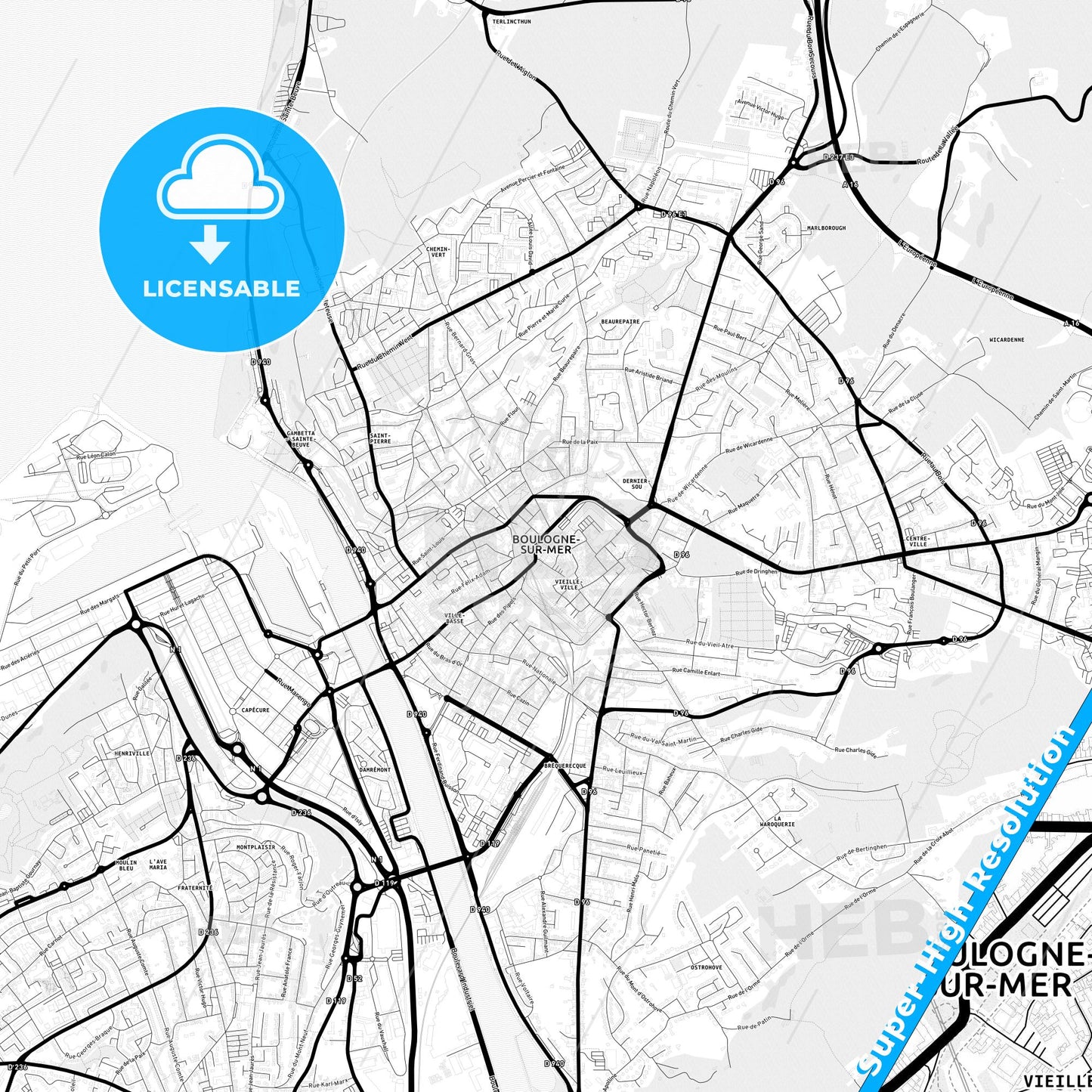 Boulogne-sur-Mer, France Light Map with Street Names, City Names, and Districts