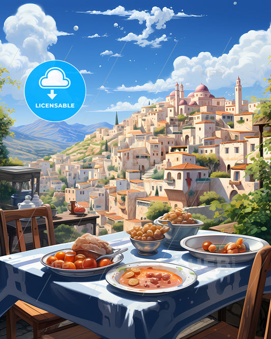 Vibrant Painting of Boumerdas Algeria Skyline with Table of Food