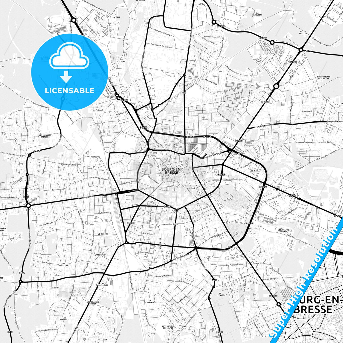 Bourg-en-Bresse, France Light Map with Street Names, City Names, and Districts