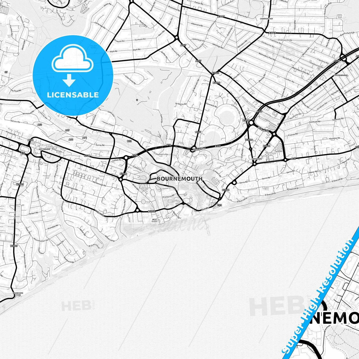 Bournemouth, England Light Map with Street Names, City Names, and Districts