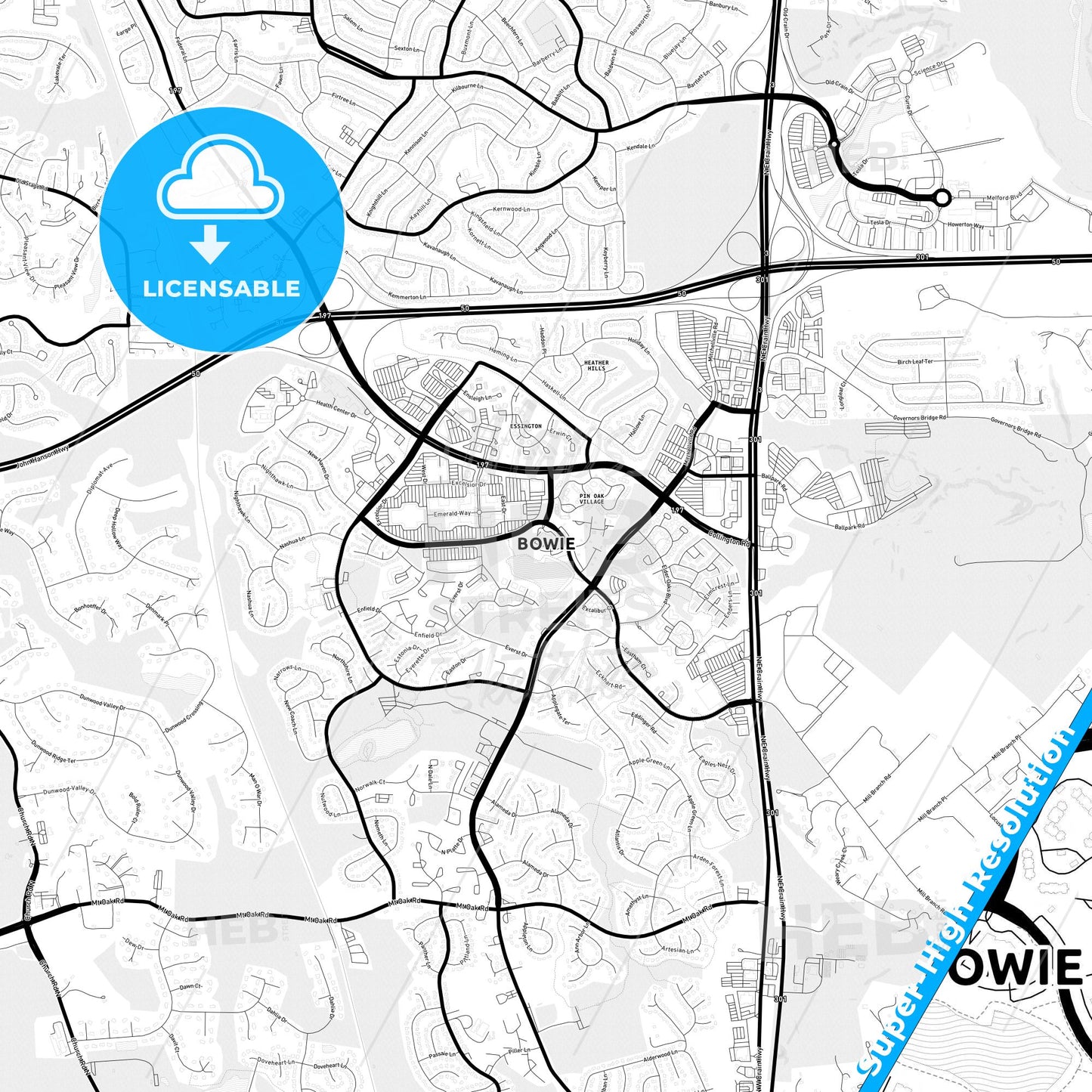 Bowie, Maryland Light Map with Street Names, City Names, and Districts