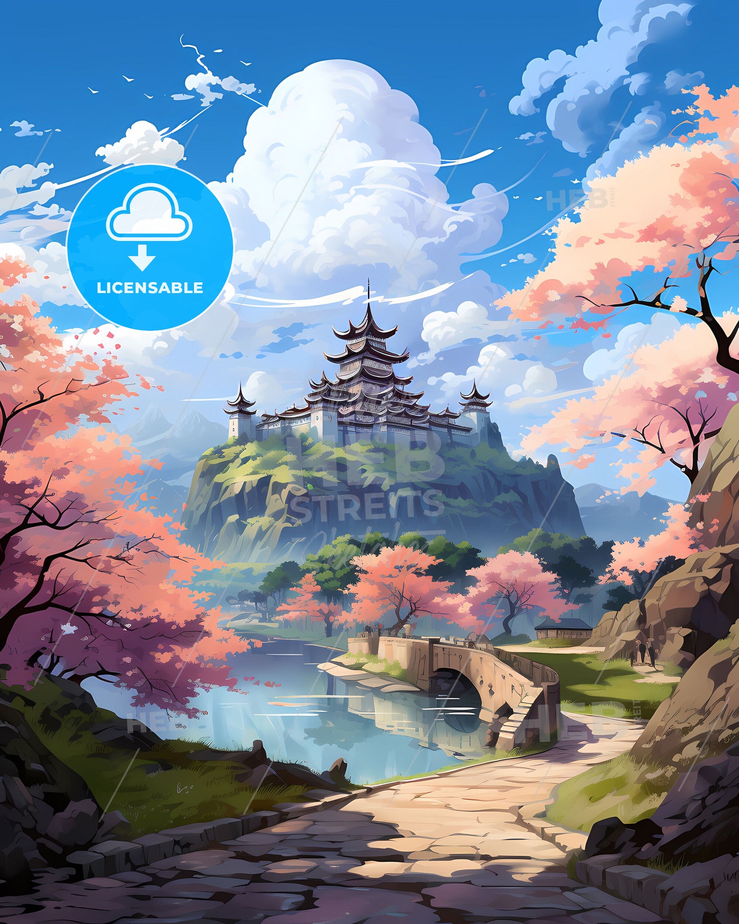 Vibrant Oriental Art Painting of Bozhou City Skyline Castle Bridge and Lake