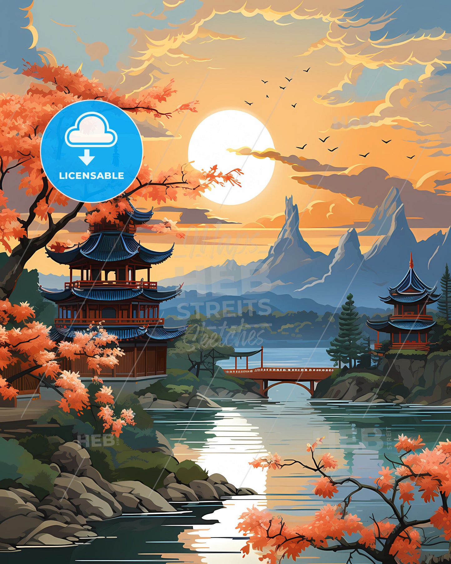 Bozhou China City Skyline Landscape Painting Pagoda Bridge Art