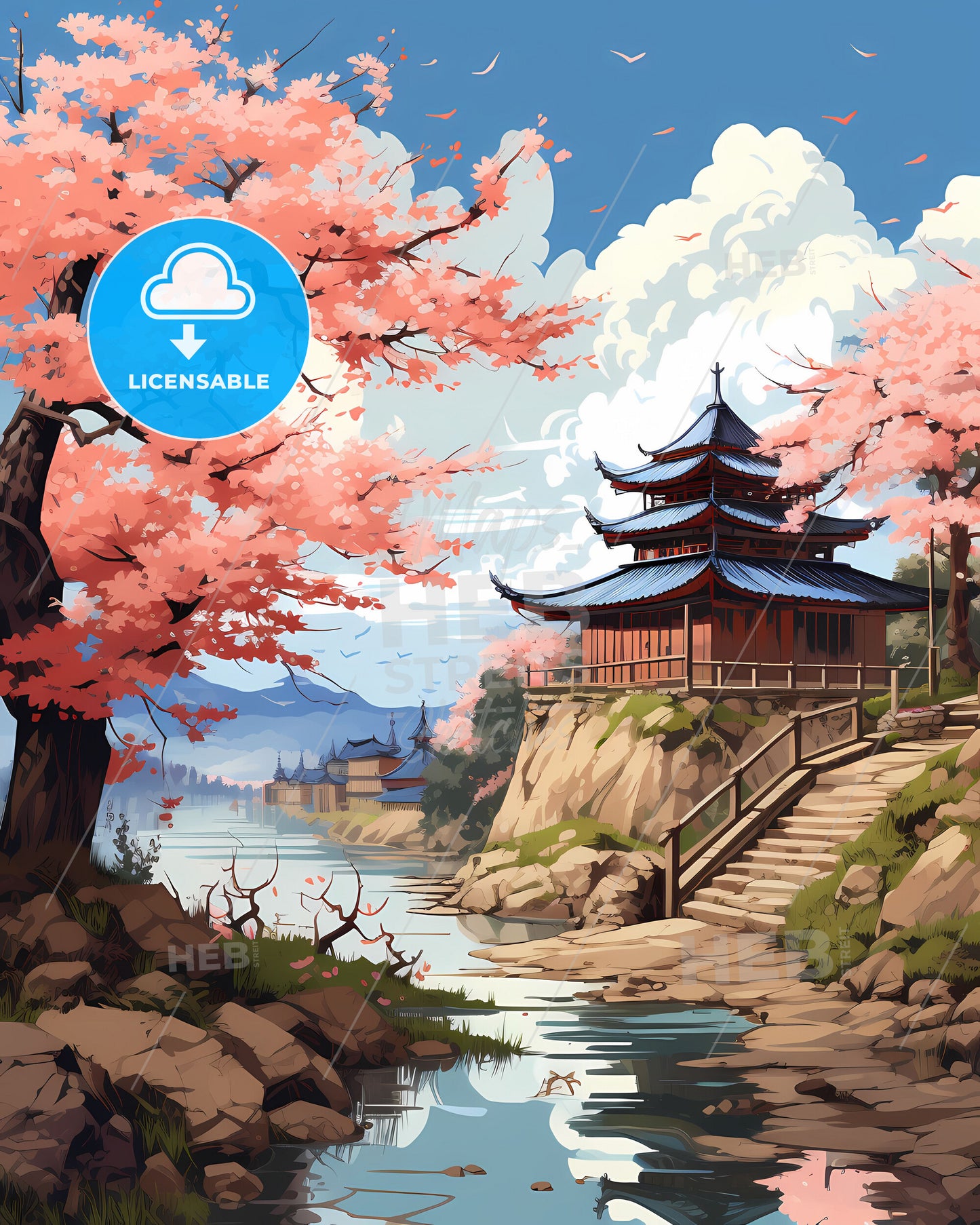 Colorful Chinese Painting of Bozhou City Skyline with River and Pagoda