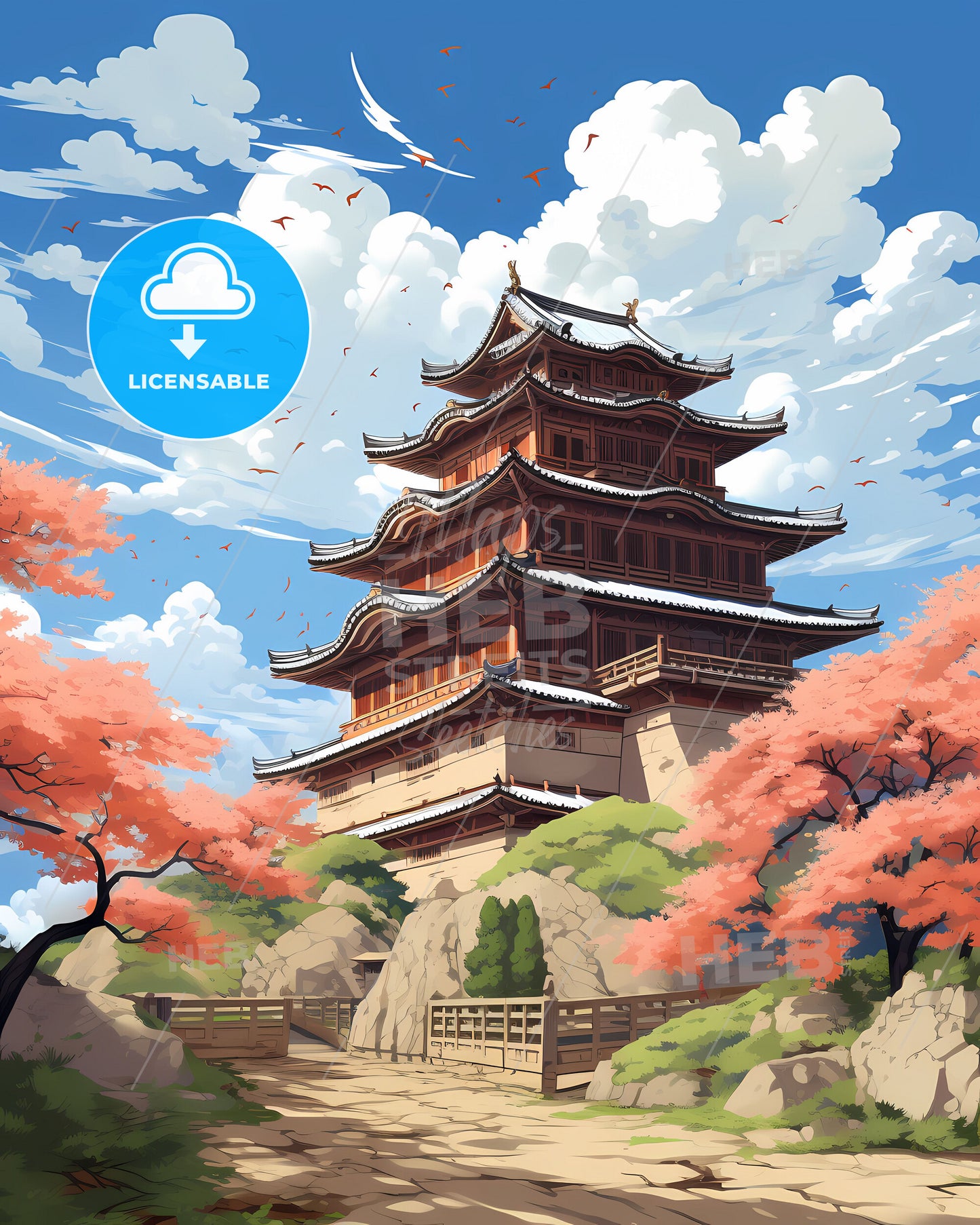 Panoramic Art Painting of Bozhou China Skyline Featuring Yellow Crane Tower, Bridge, and Trees