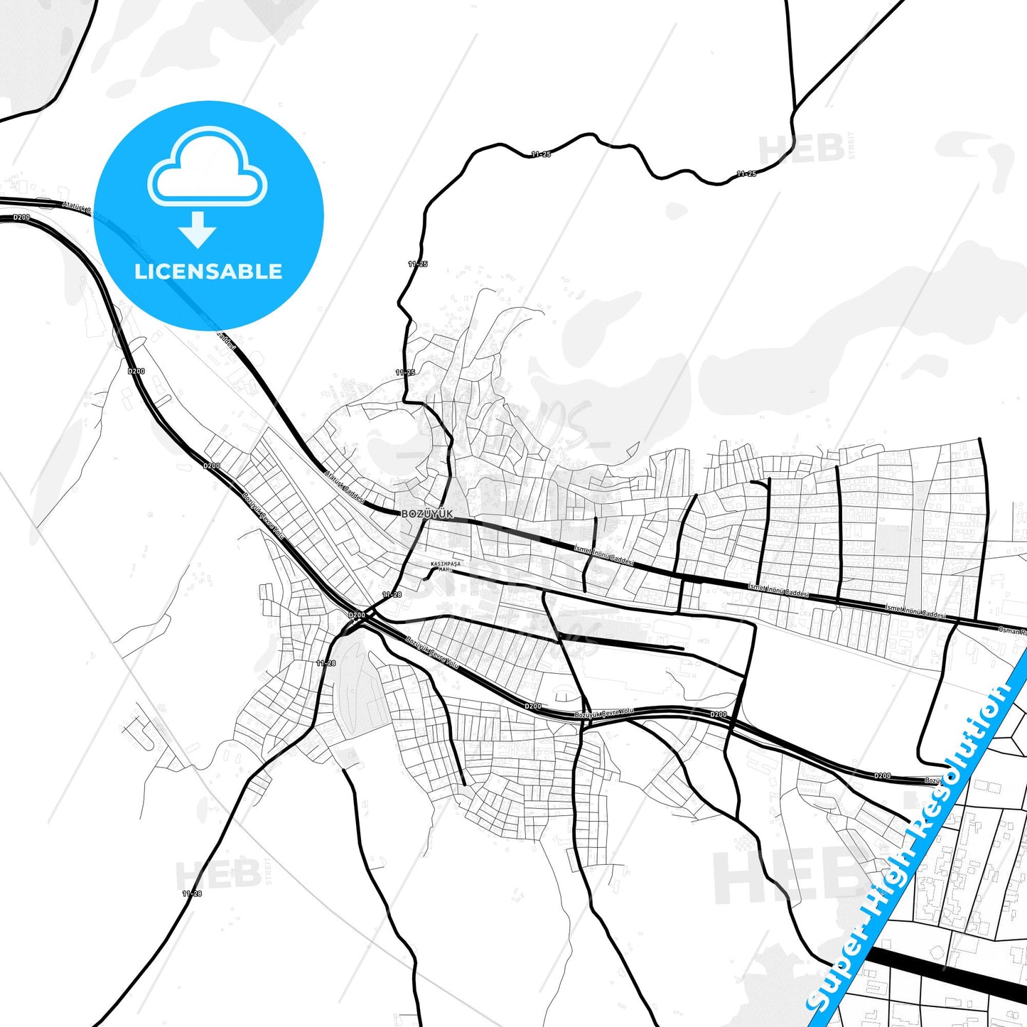 Bozüyük, Turkey Light Map with Street Names, City Names, and Districts