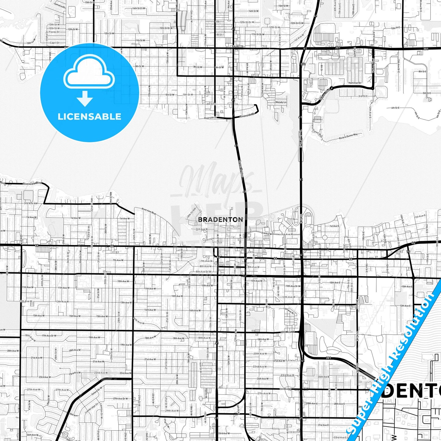 Bradenton, Florida Light Map with Street Names, City Names, and Districts