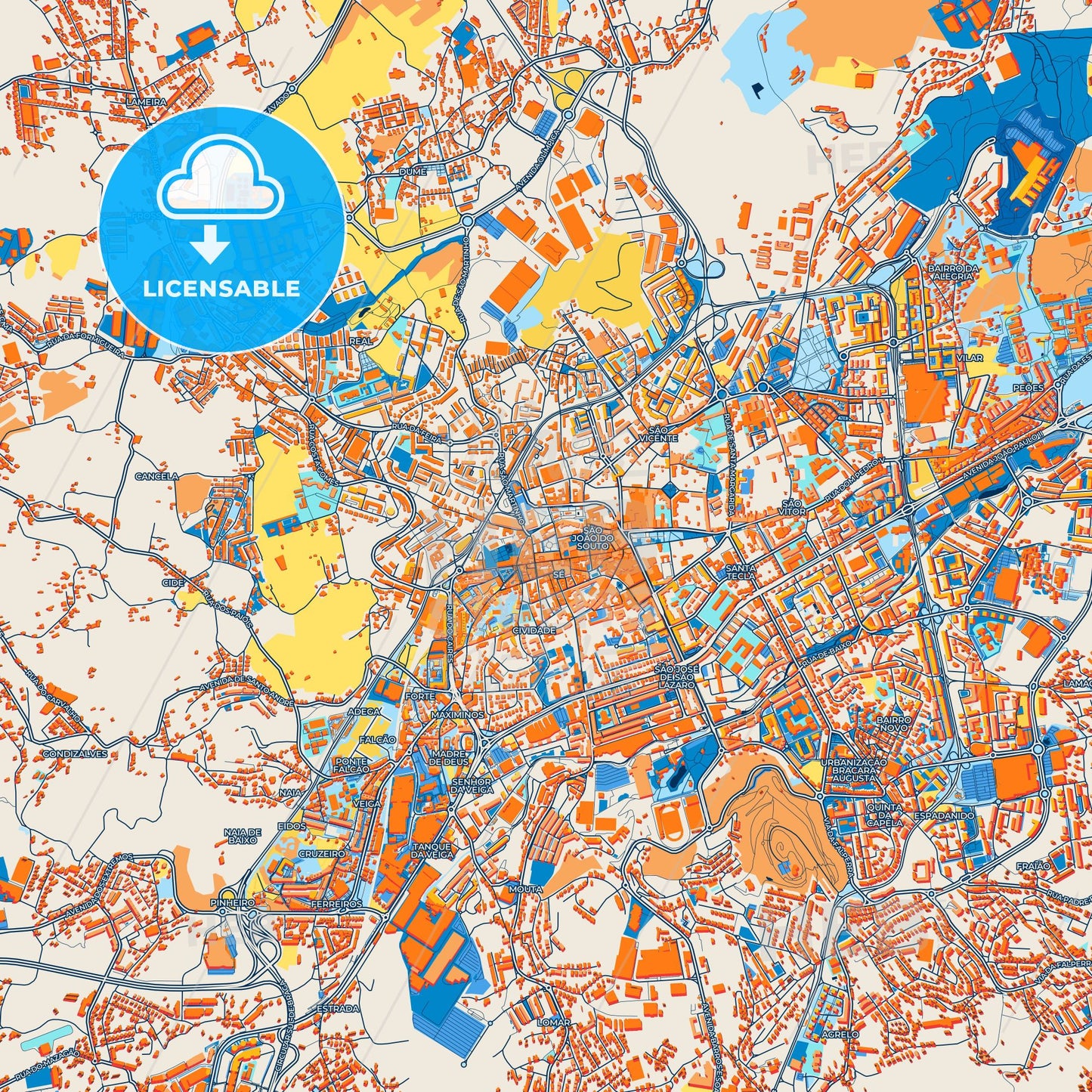 Colorful Braga Street Map with Labels and Buildings